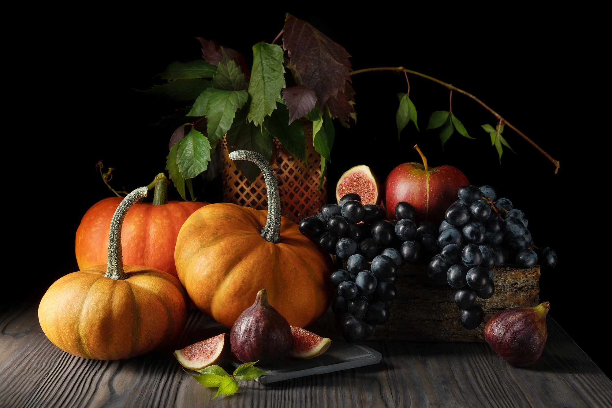 Still life with pumpkins, grapes, figs, and apple HD Wallpaper