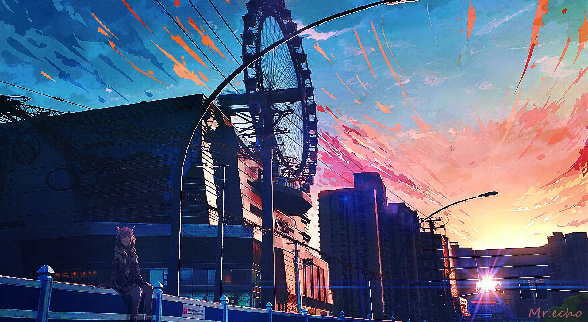 Anime girl sitting by a Ferris wheel at sunset HD Wallpaper