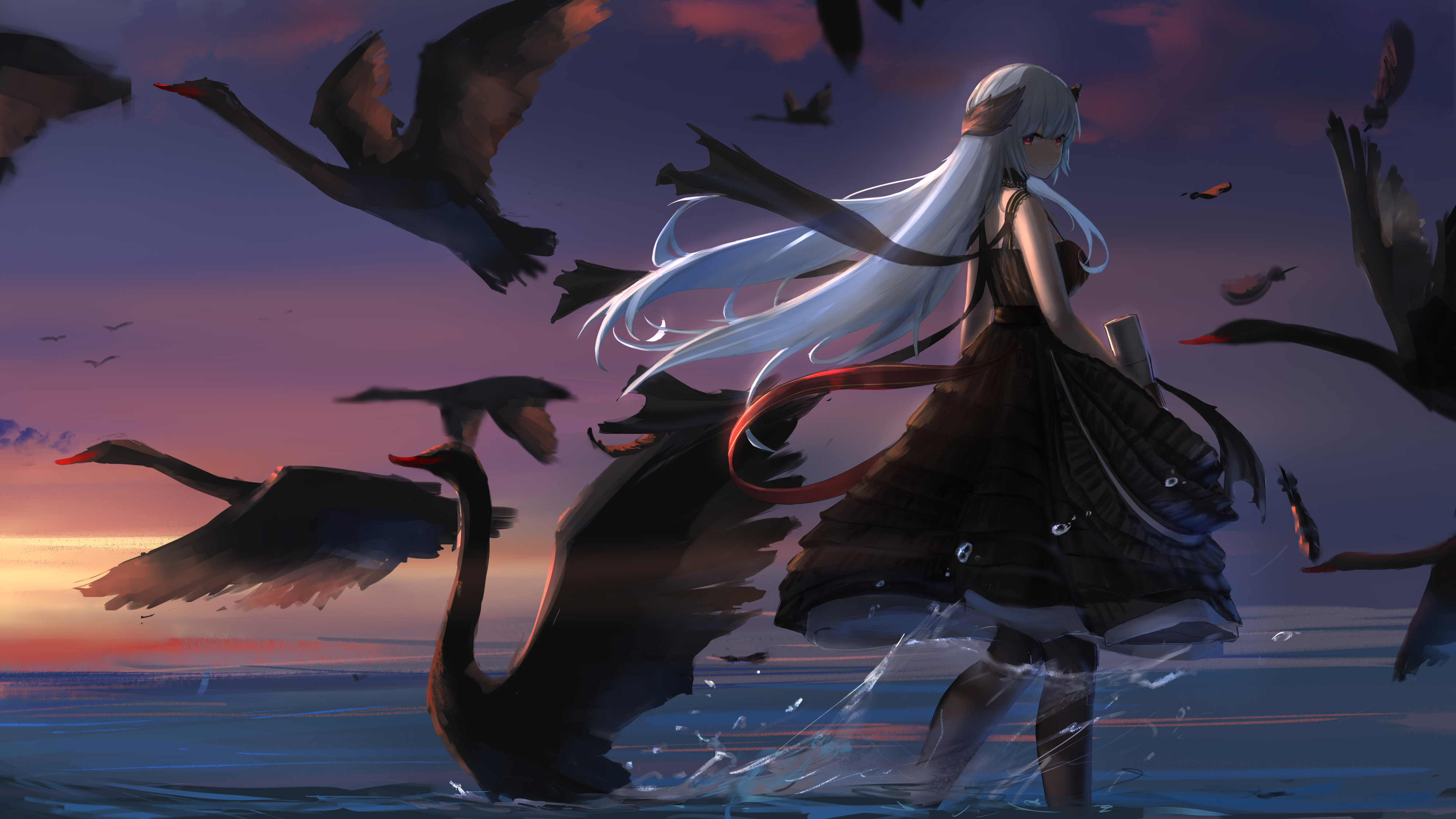 Anime girl with white hair and black swans at sunset HD Wallpaper