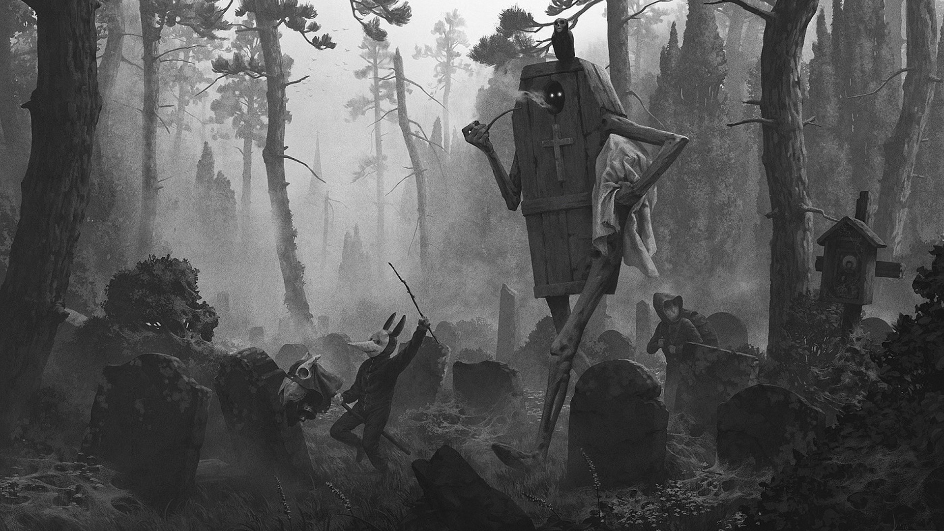 Fantasy graveyard scene with coffin creature and figures HD Wallpaper