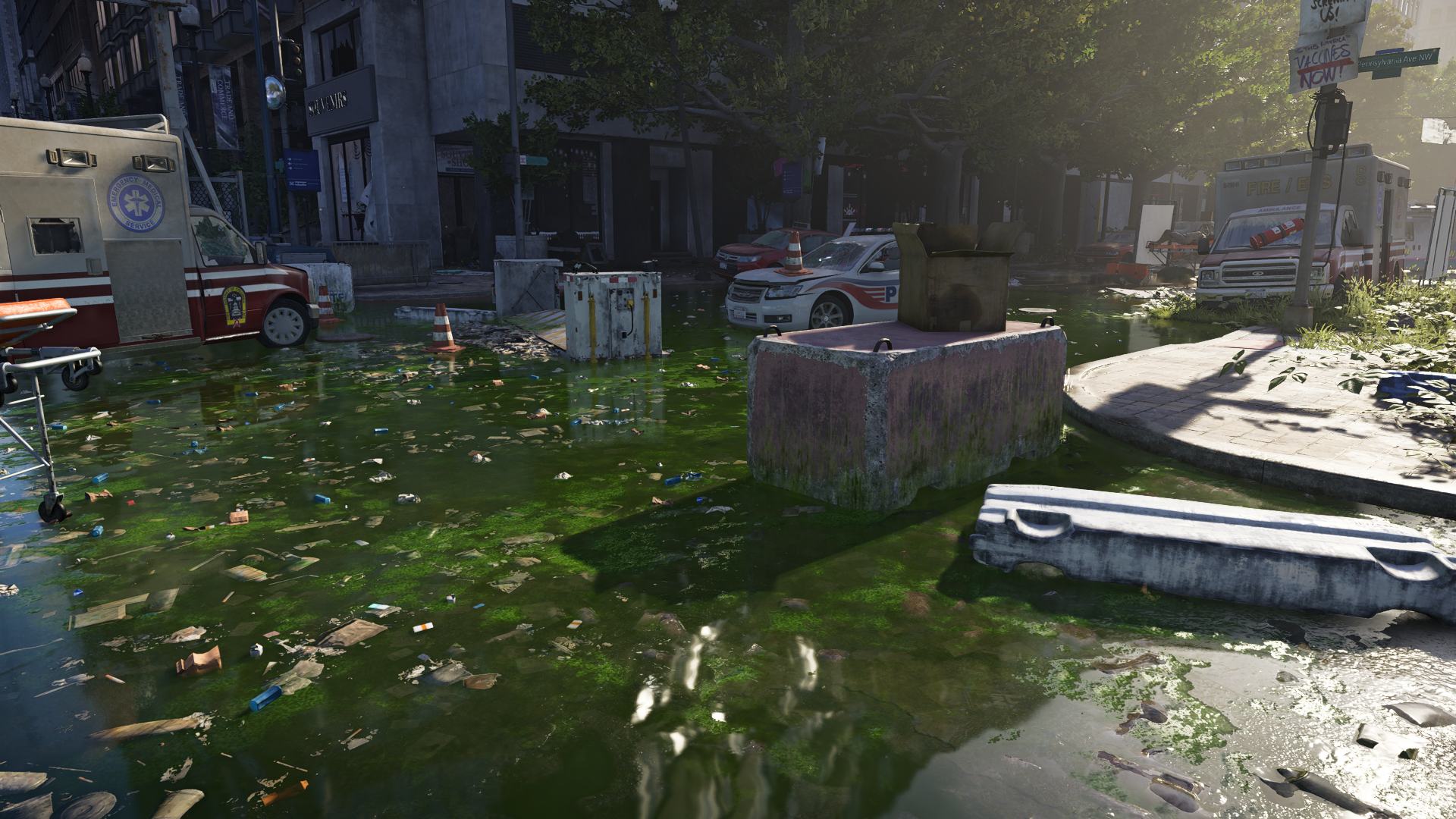 Ambulance and police car in flooded city street HD Wallpaper