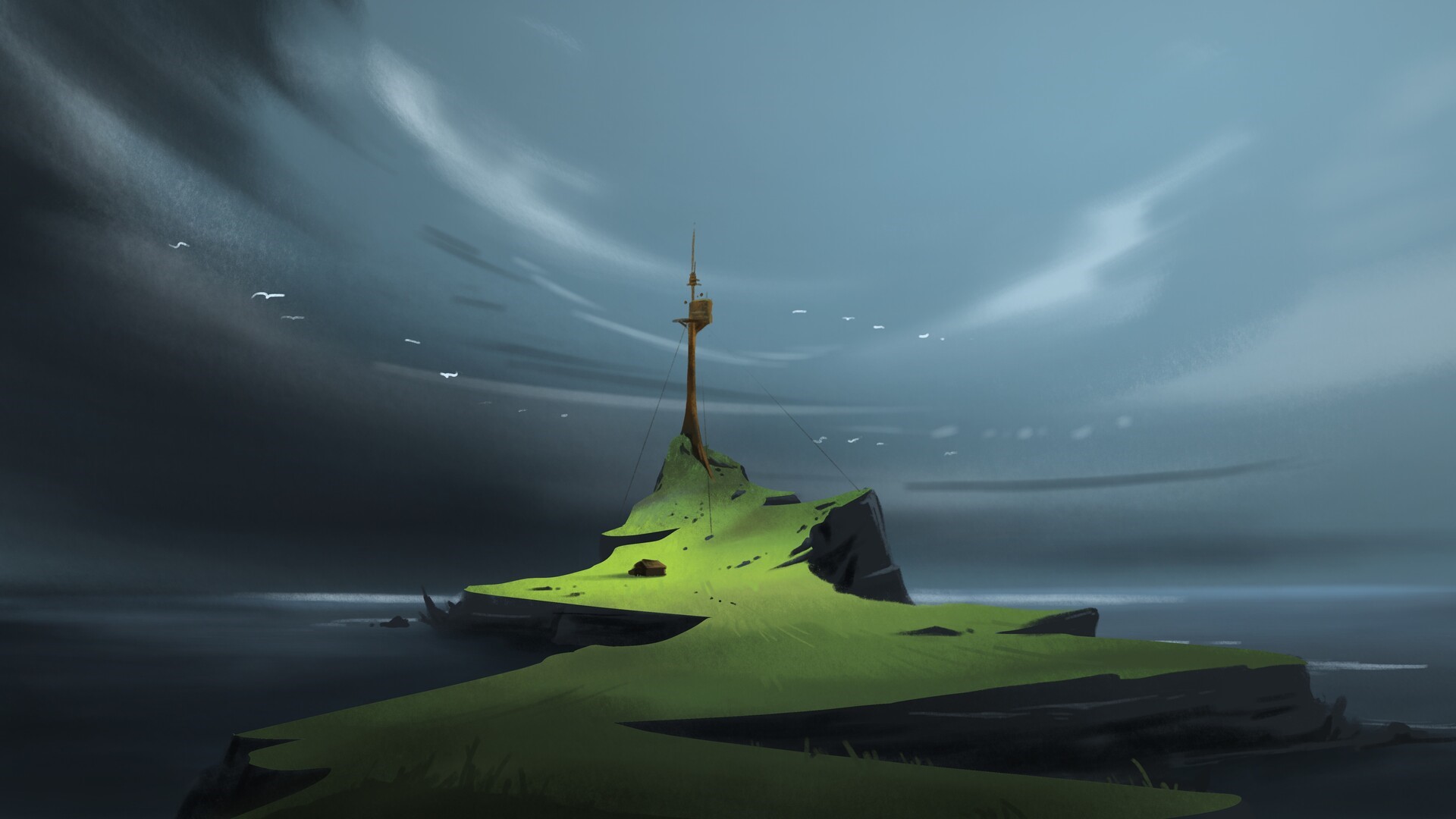 Island with a tower and birds over the sea HD Wallpaper