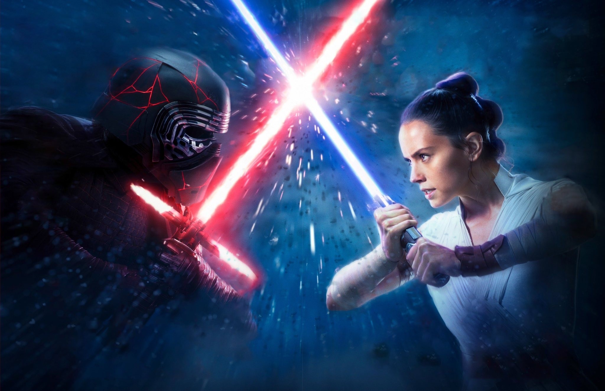 Rey and Kylo Ren from Star Wars duel with lightsabers HD Wallpaper