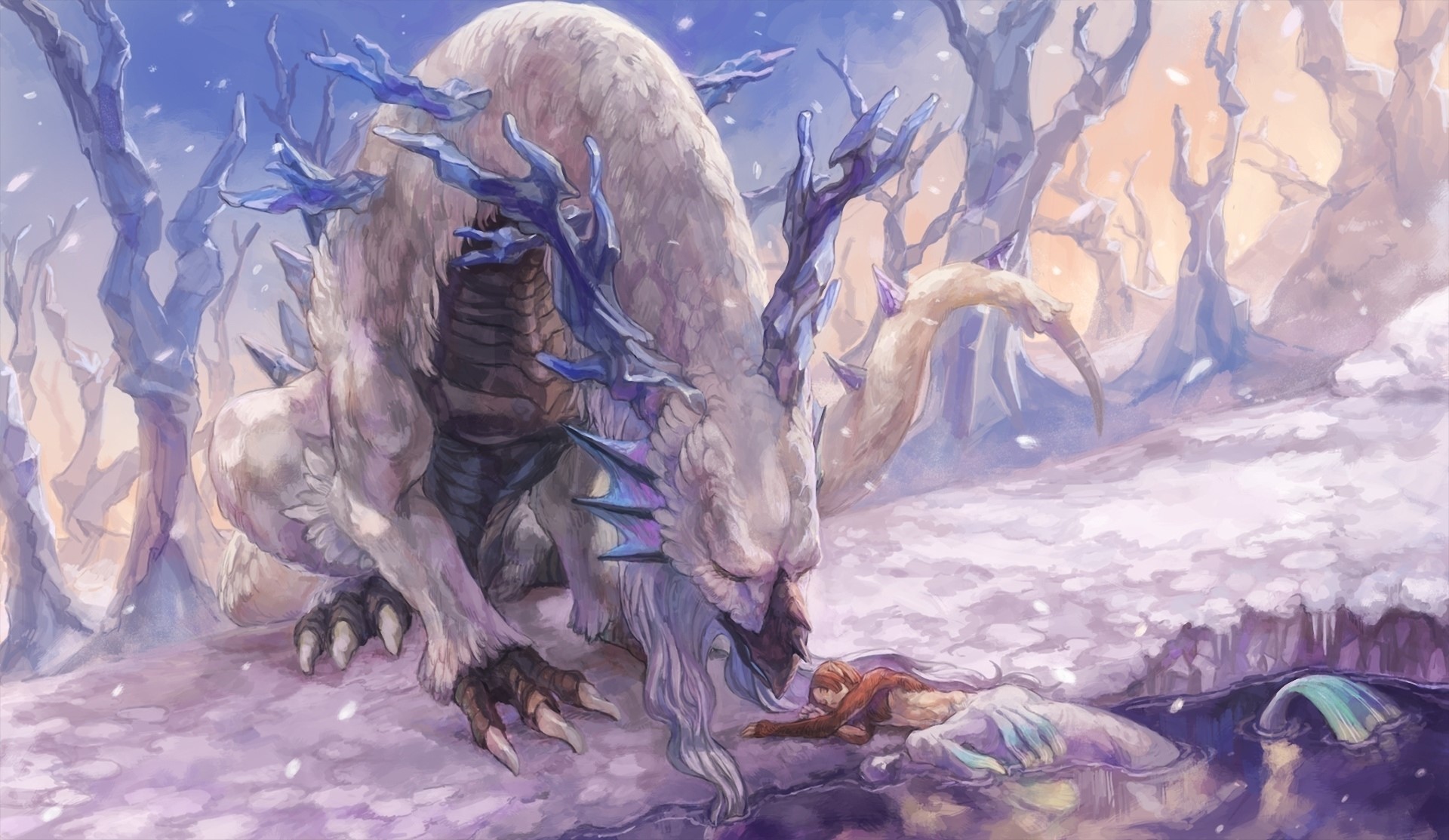 A large white dragon in a snowy forest with a person HD Wallpaper