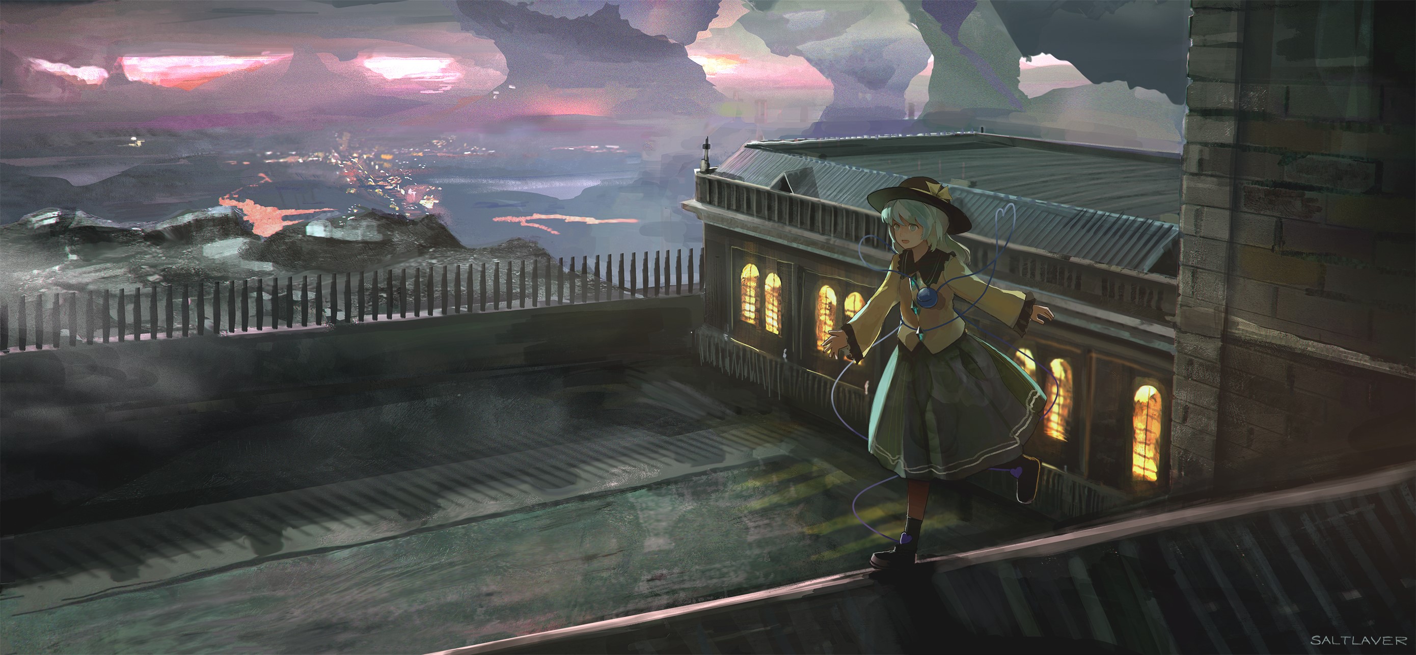 Koishi Komeiji on rooftops overlooking a city at dusk HD Wallpaper