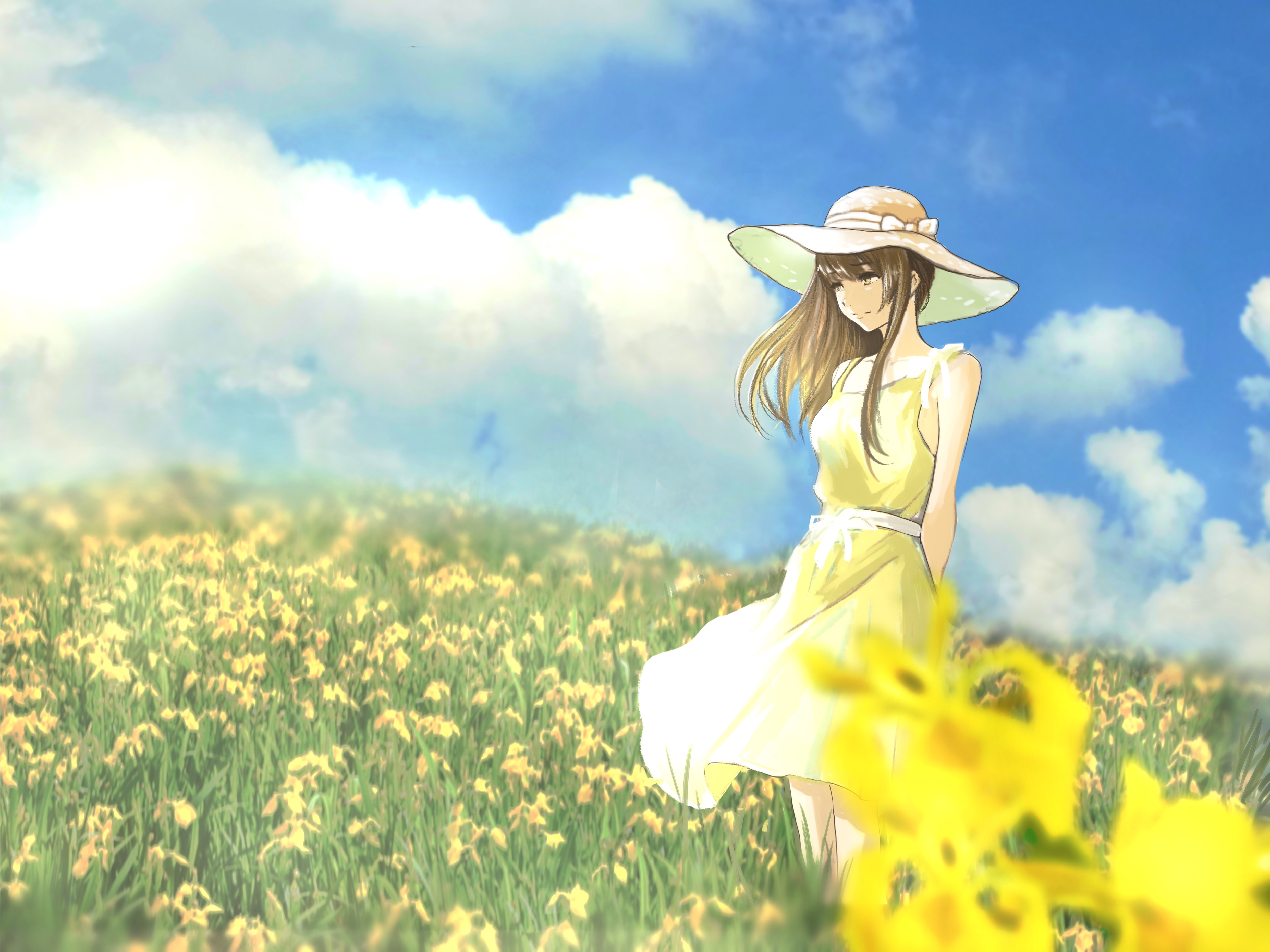 Anime girl in yellow dress in a field of flowers HD Wallpaper