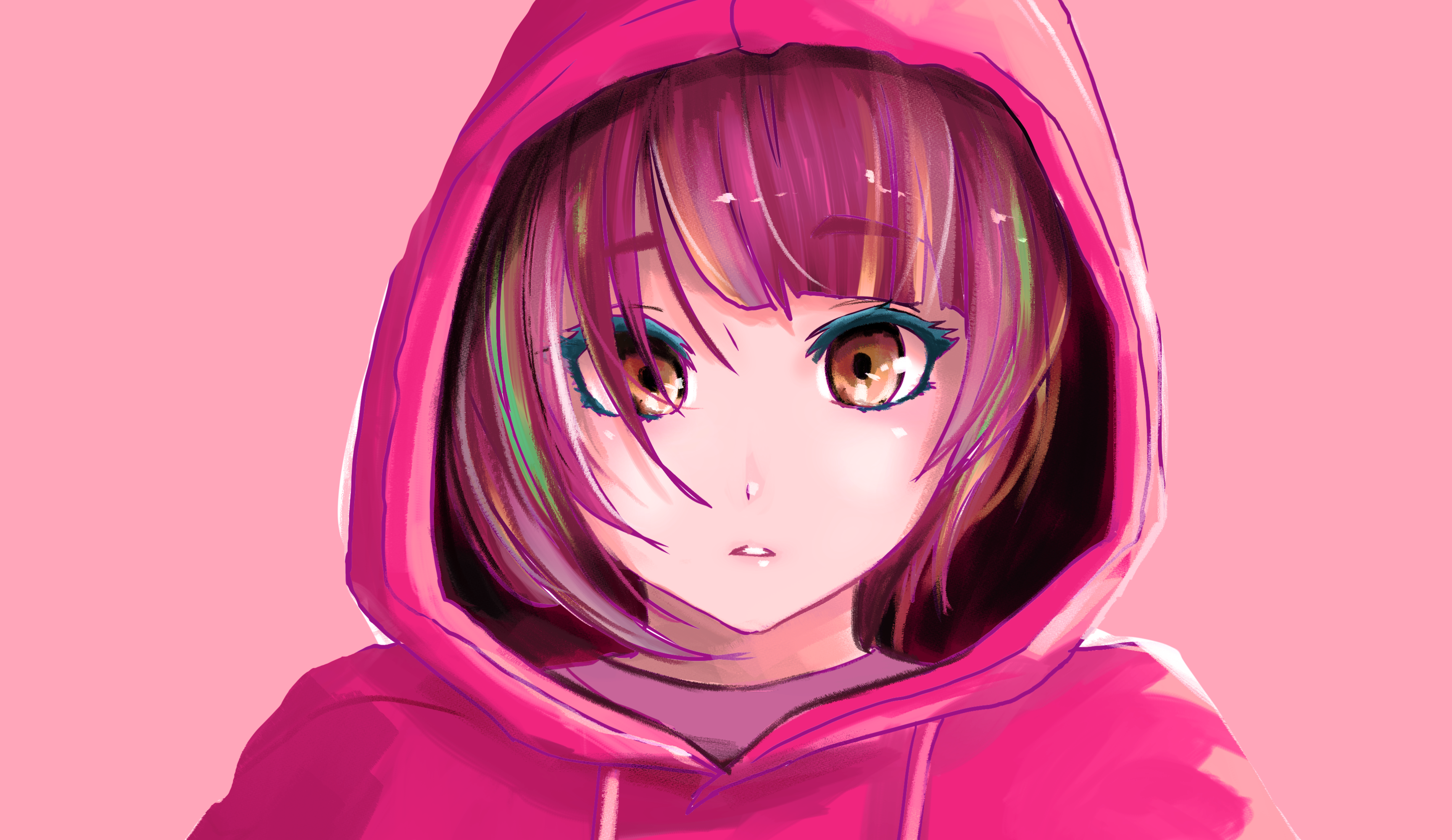 Anime girl with pink hoodie and colorful hair HD Wallpaper