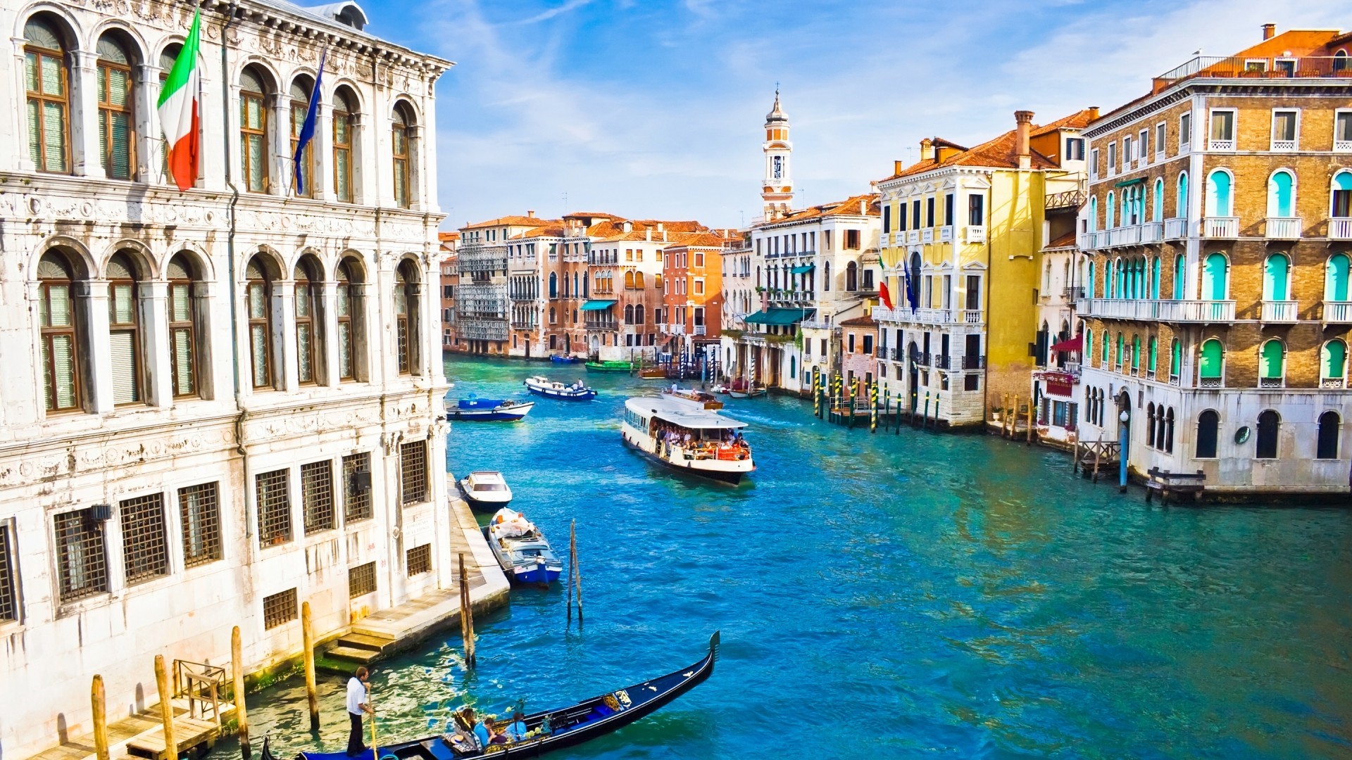 Venice canal with gondolas and buildings HD Wallpaper