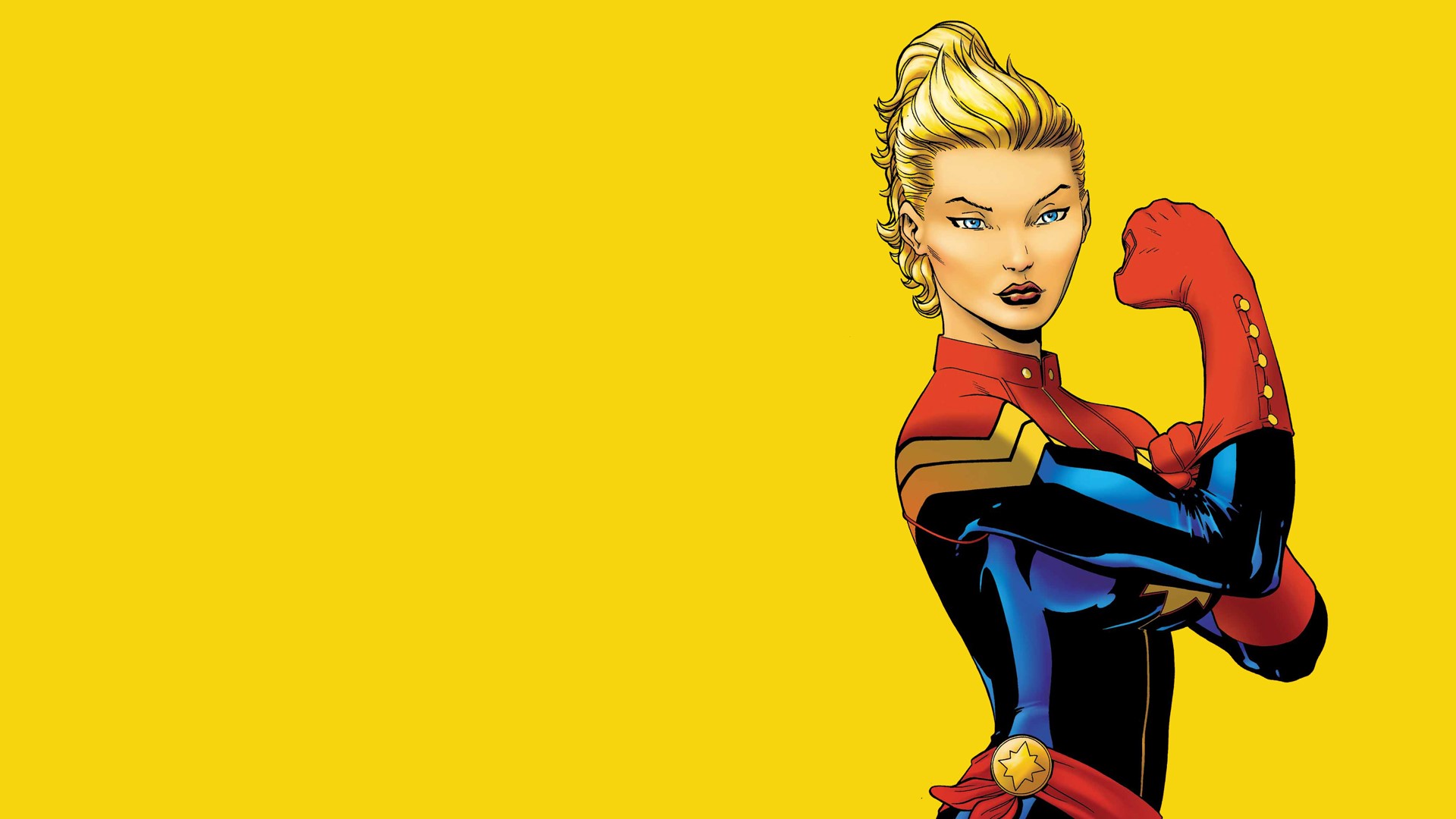 Captain Marvel flexing on a yellow background HD Wallpaper