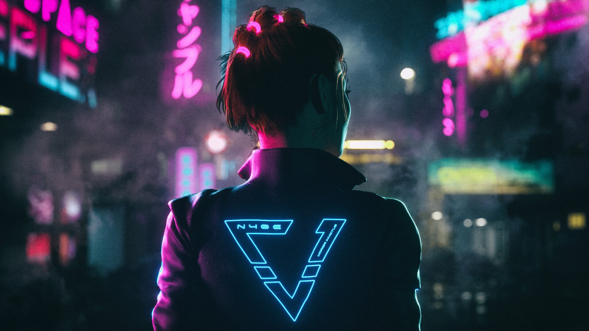 Woman with neon logo on jacket in cyberpunk city HD Wallpaper