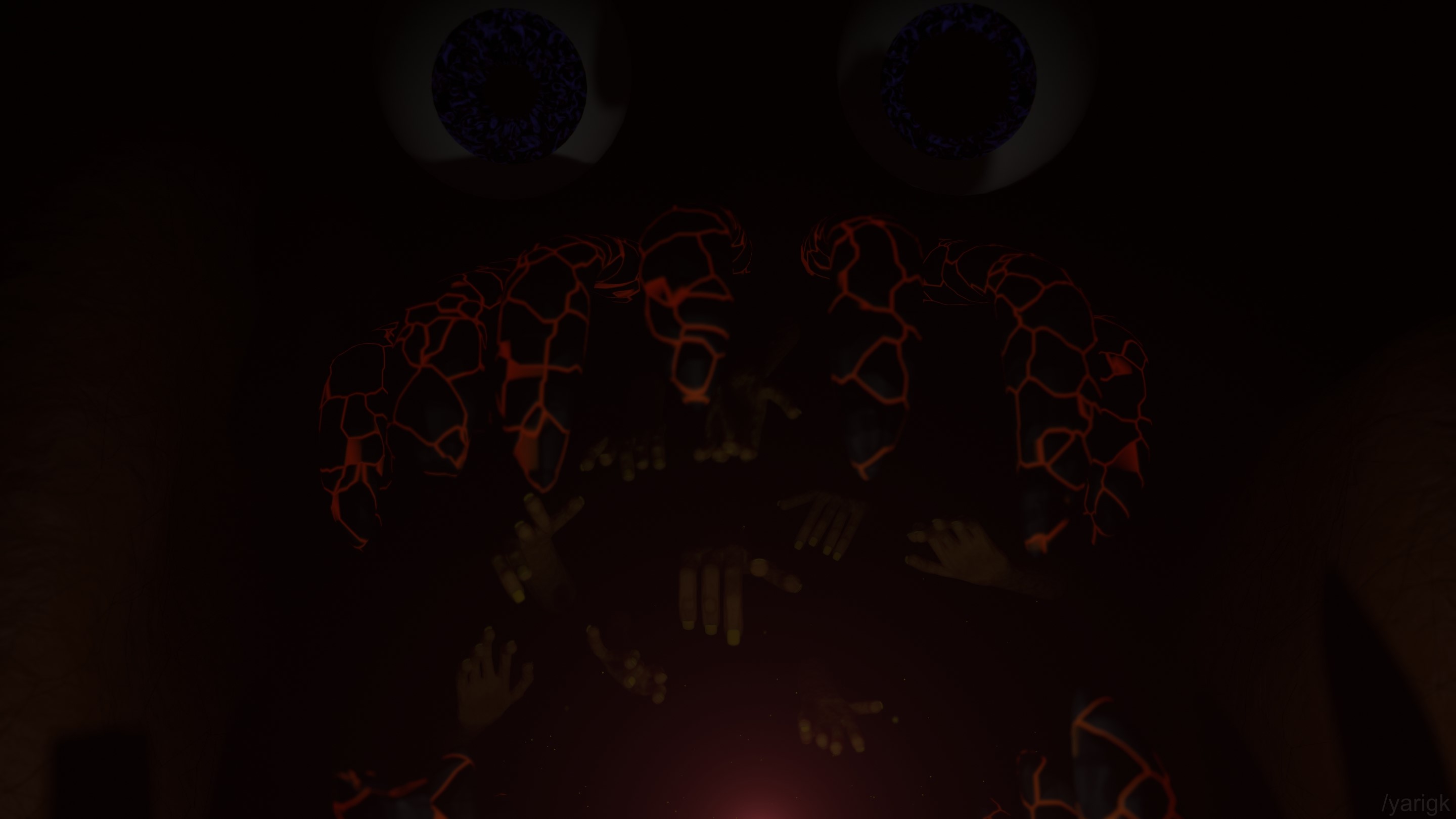 Creepy dark scene with glowing eyes and hands HD Wallpaper