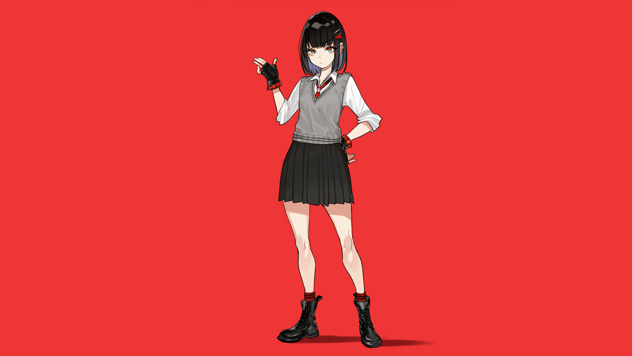 Anime girl in school uniform with black hair and red background HD Wallpaper