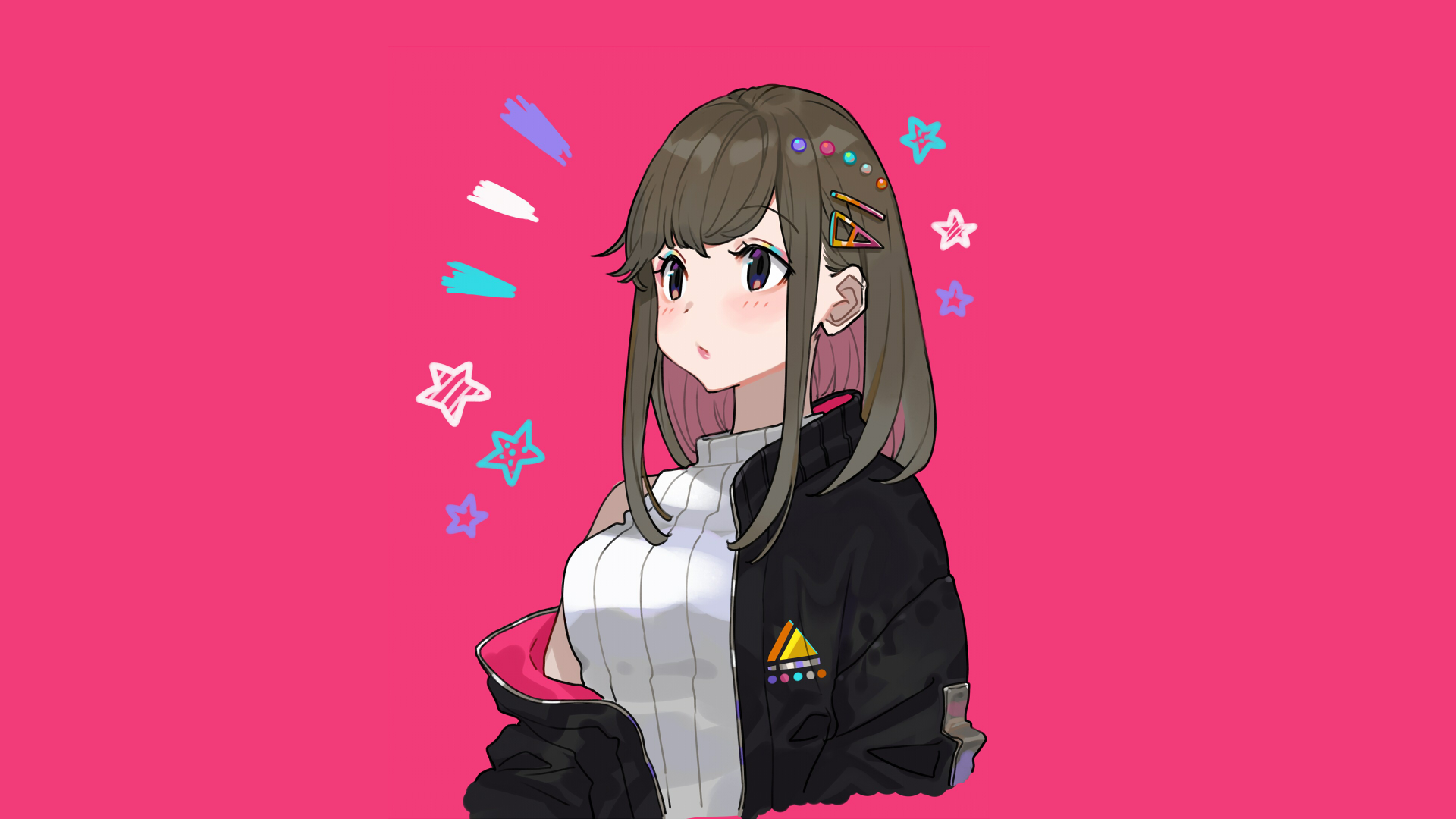 Anime girl with brown hair and pink streaks wearing a jacket and sweater HD Wallpaper