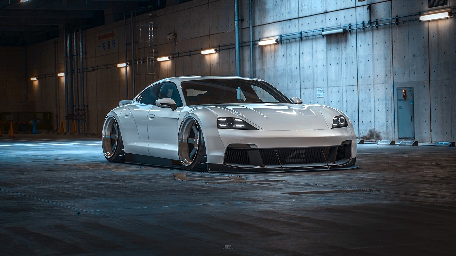 White Porsche Taycan with custom body kit HD Wallpaper