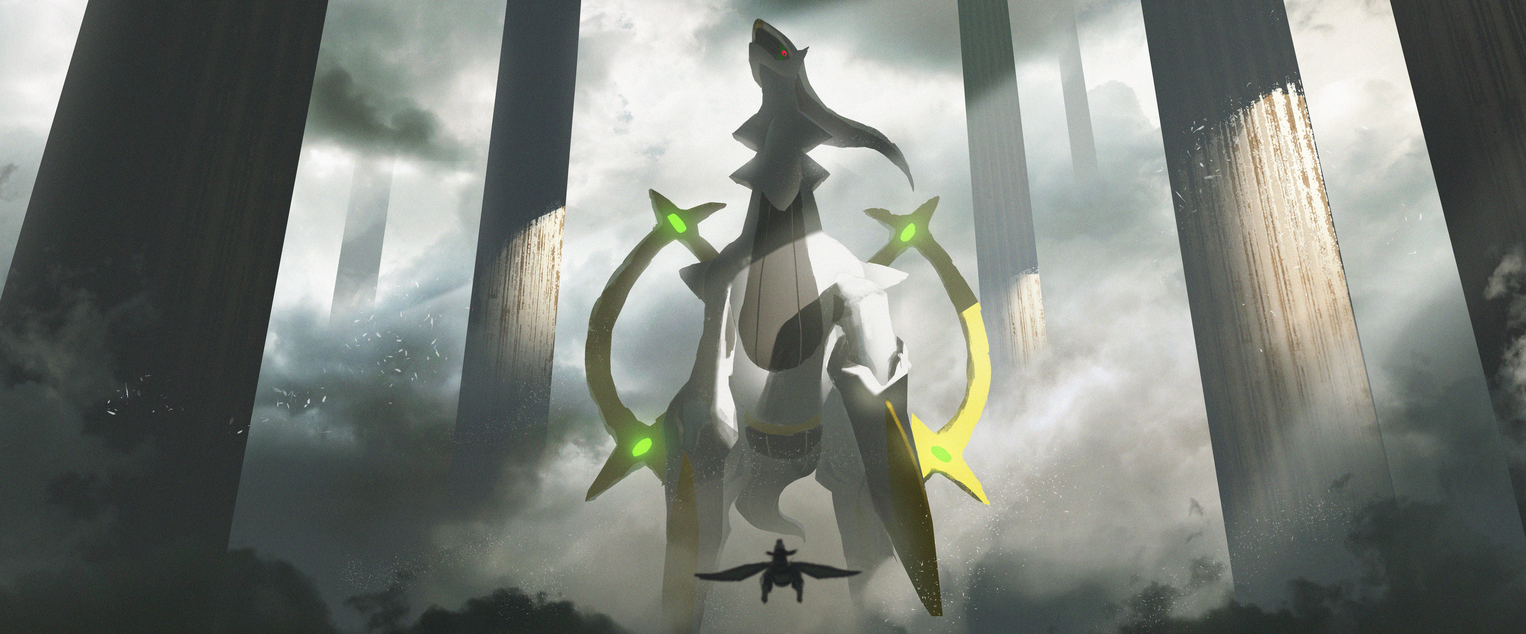 Arceus from Pokemon Diamond in a cloudy, pillar-filled landscape HD Wallpaper