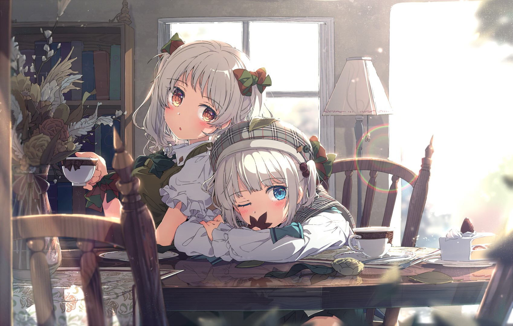 Two anime girls having tea with cake HD Wallpaper