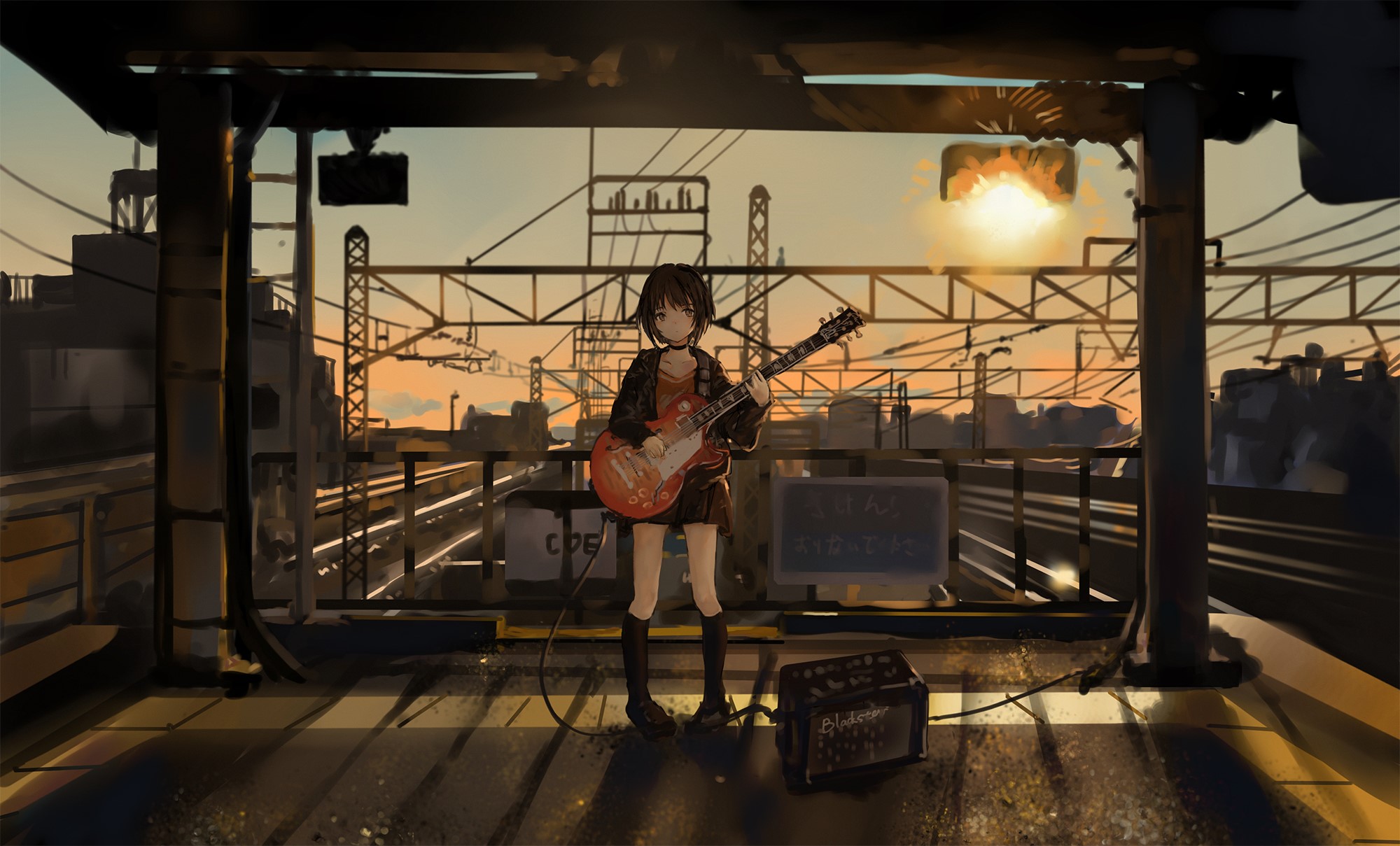 Anime girl playing guitar on a railway platform HD Wallpaper