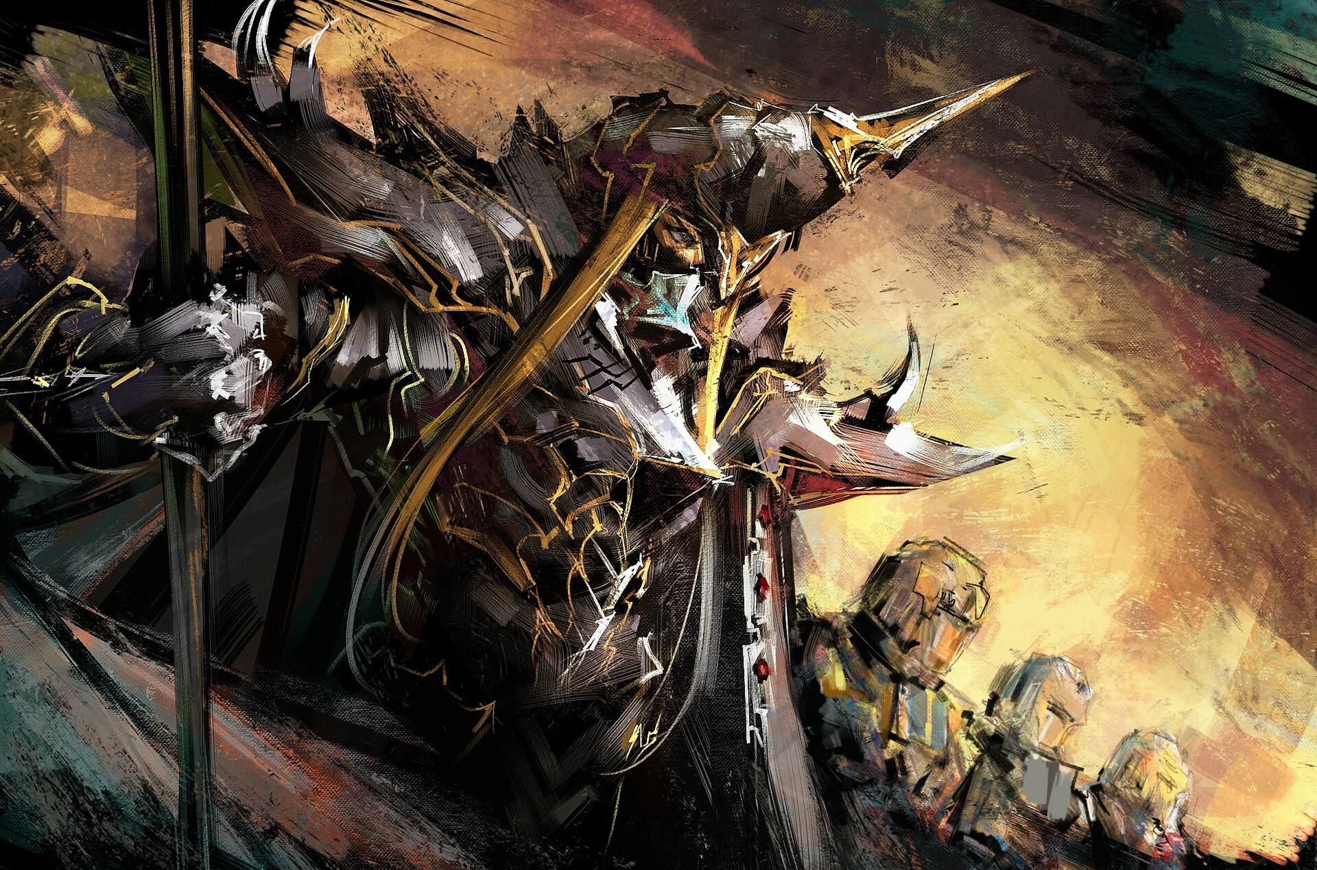 Fantasy warrior in ornate armor with soldiers HD Wallpaper
