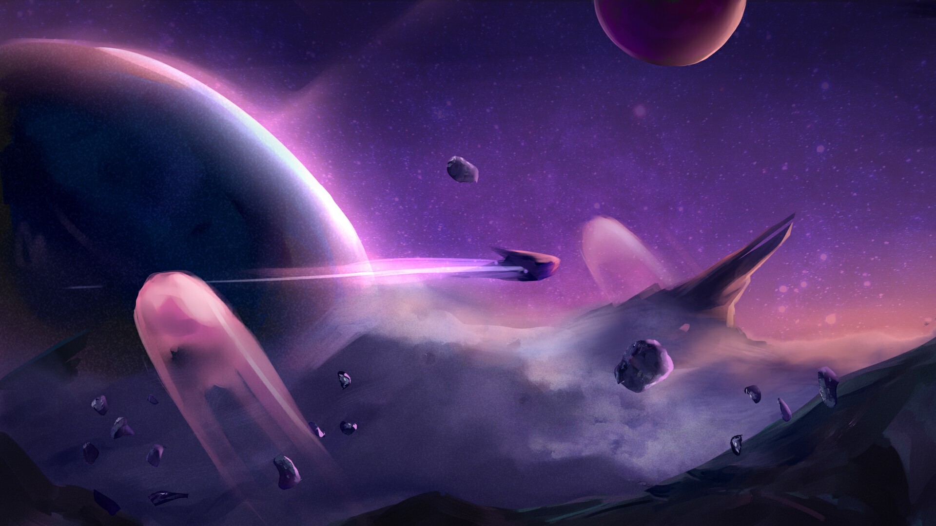 Spaceship traveling through a purple nebula with planets and asteroids HD Wallpaper