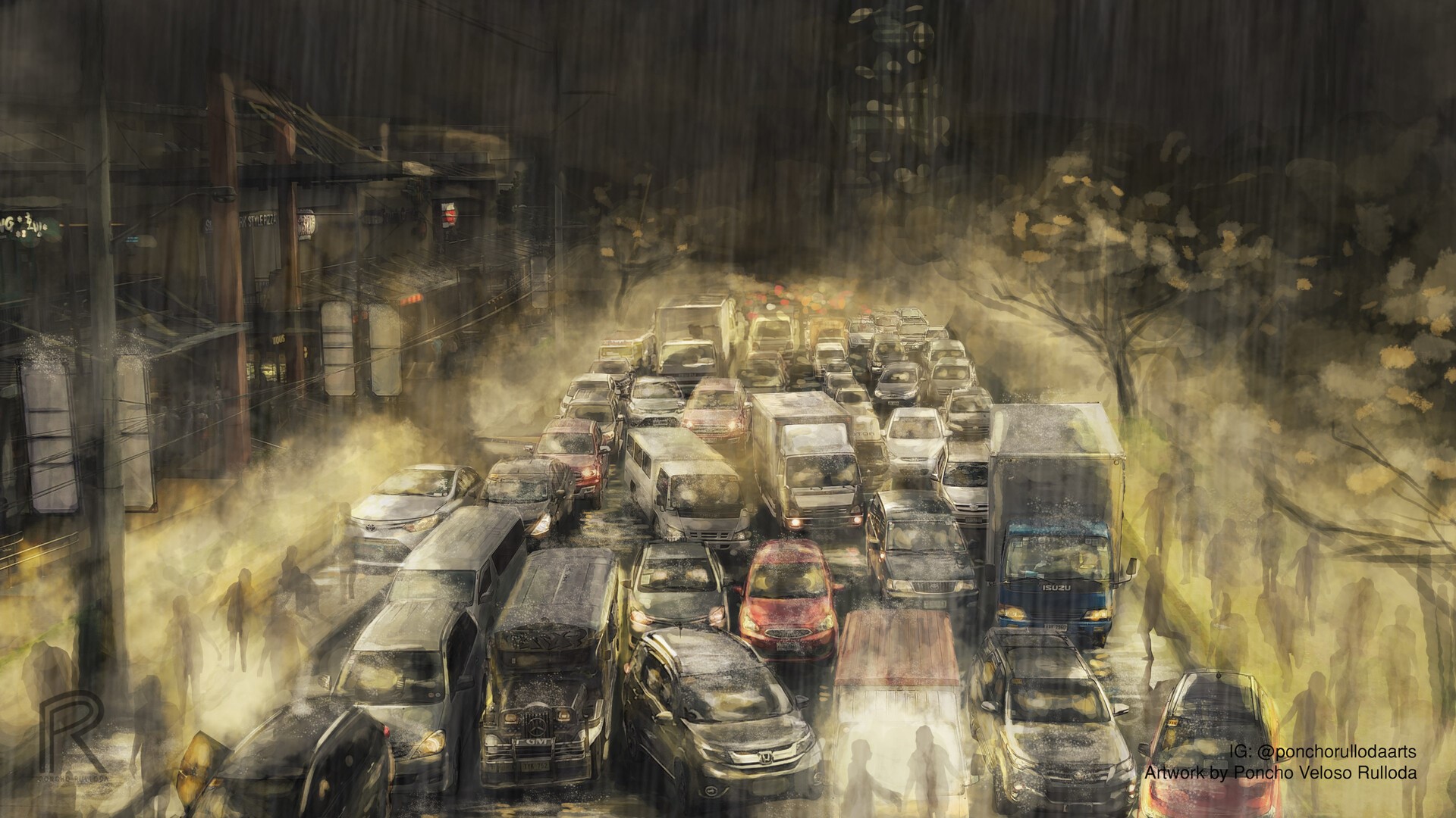 Artwork of a traffic jam in the rain HD Wallpaper