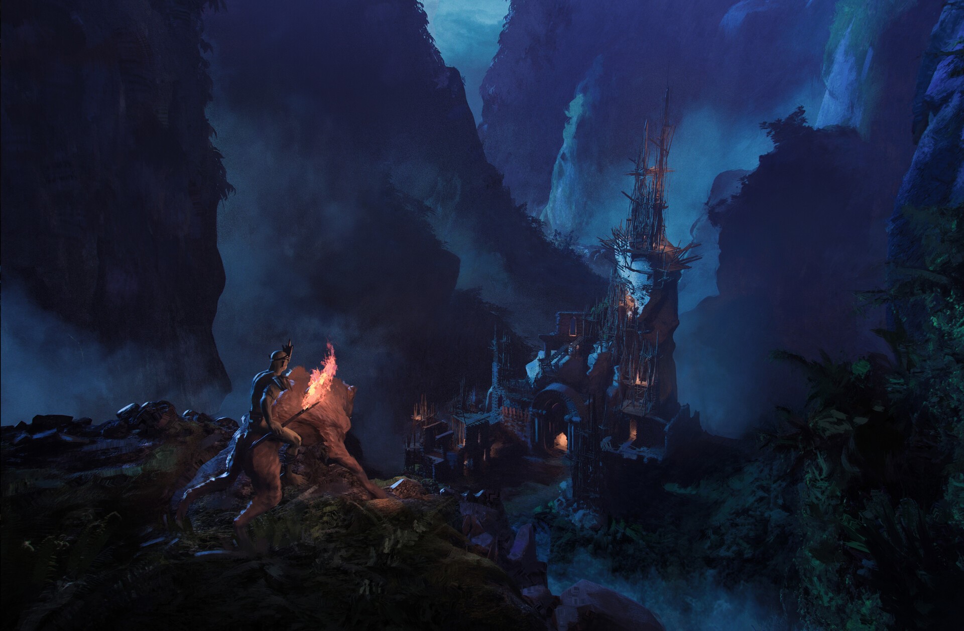 Fantasy artwork of a dark castle in mountains HD Wallpaper