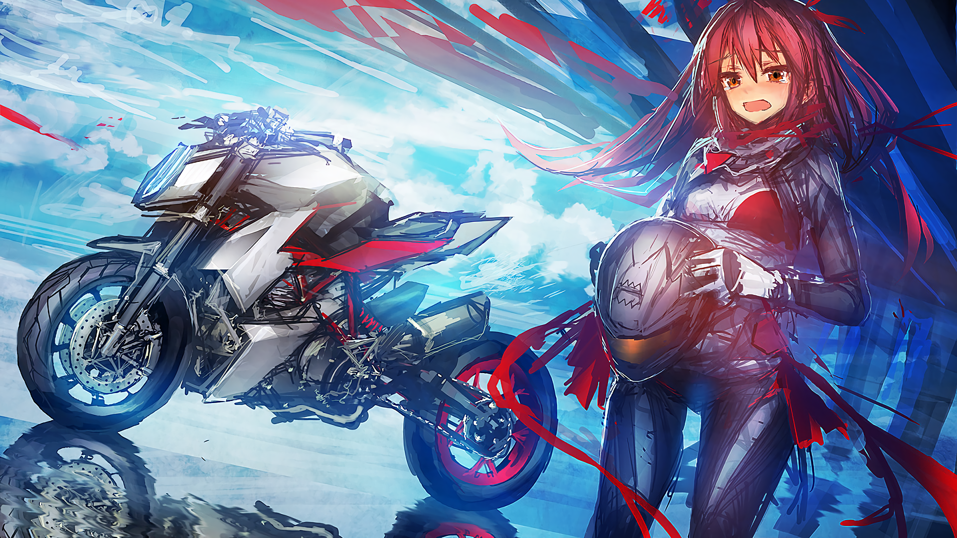 Redhead girl in bodysuit holding helmet with motorcycle HD Wallpaper