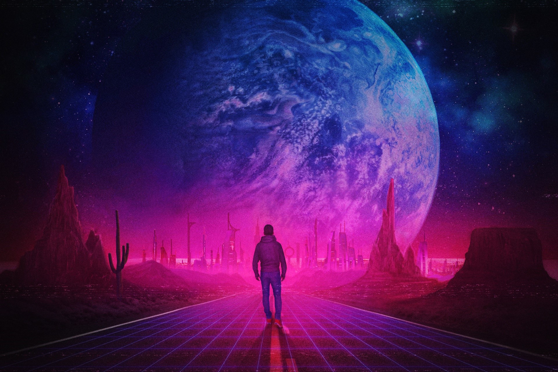 Man walking on neon road towards planet and city HD Wallpaper