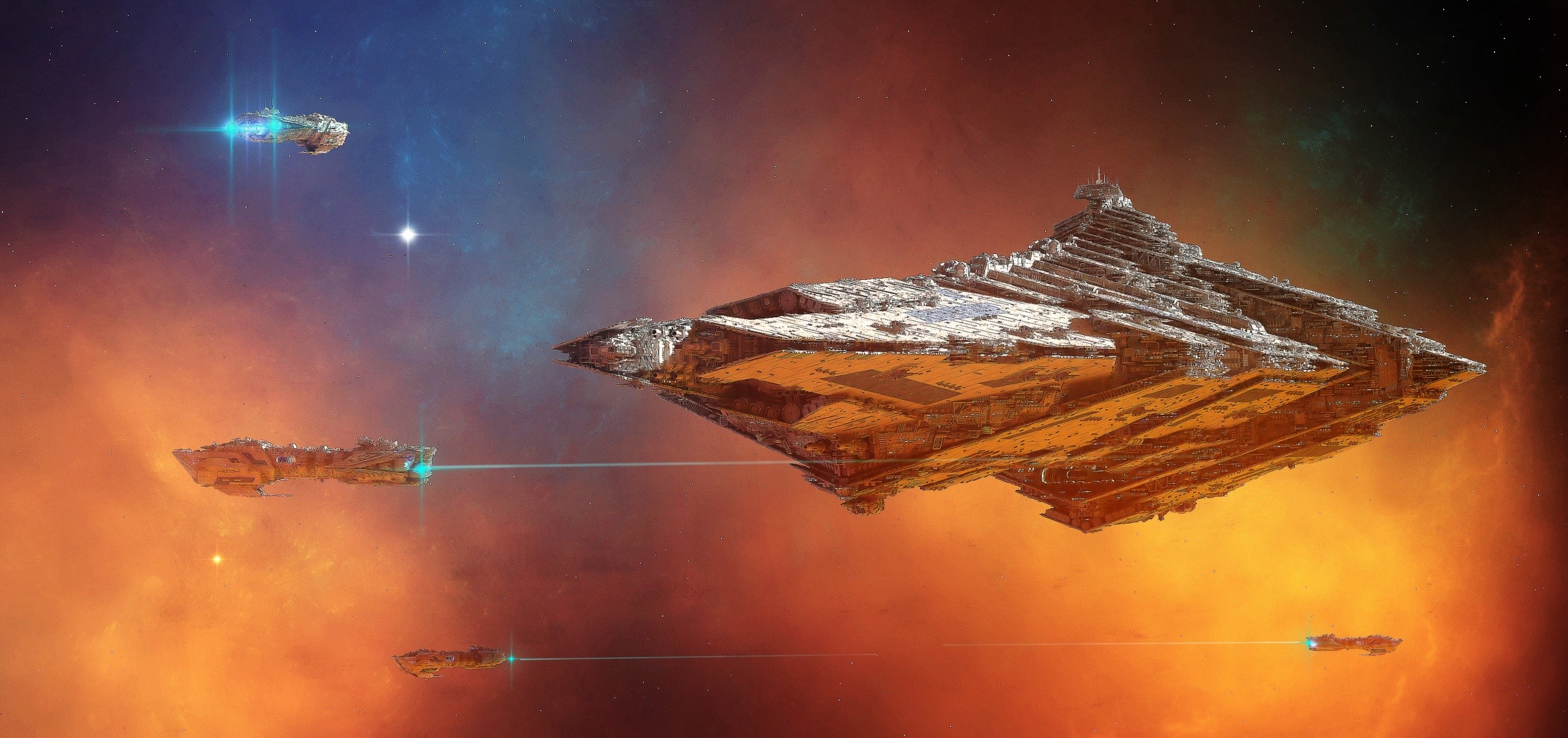Spaceships in a nebula with a large star destroyer HD Wallpaper