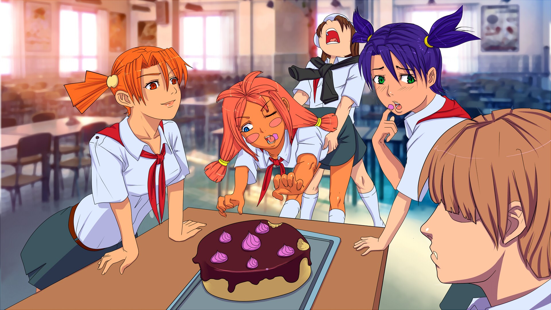 Lena and Ulyana from Everlasting Summer with a cake HD Wallpaper
