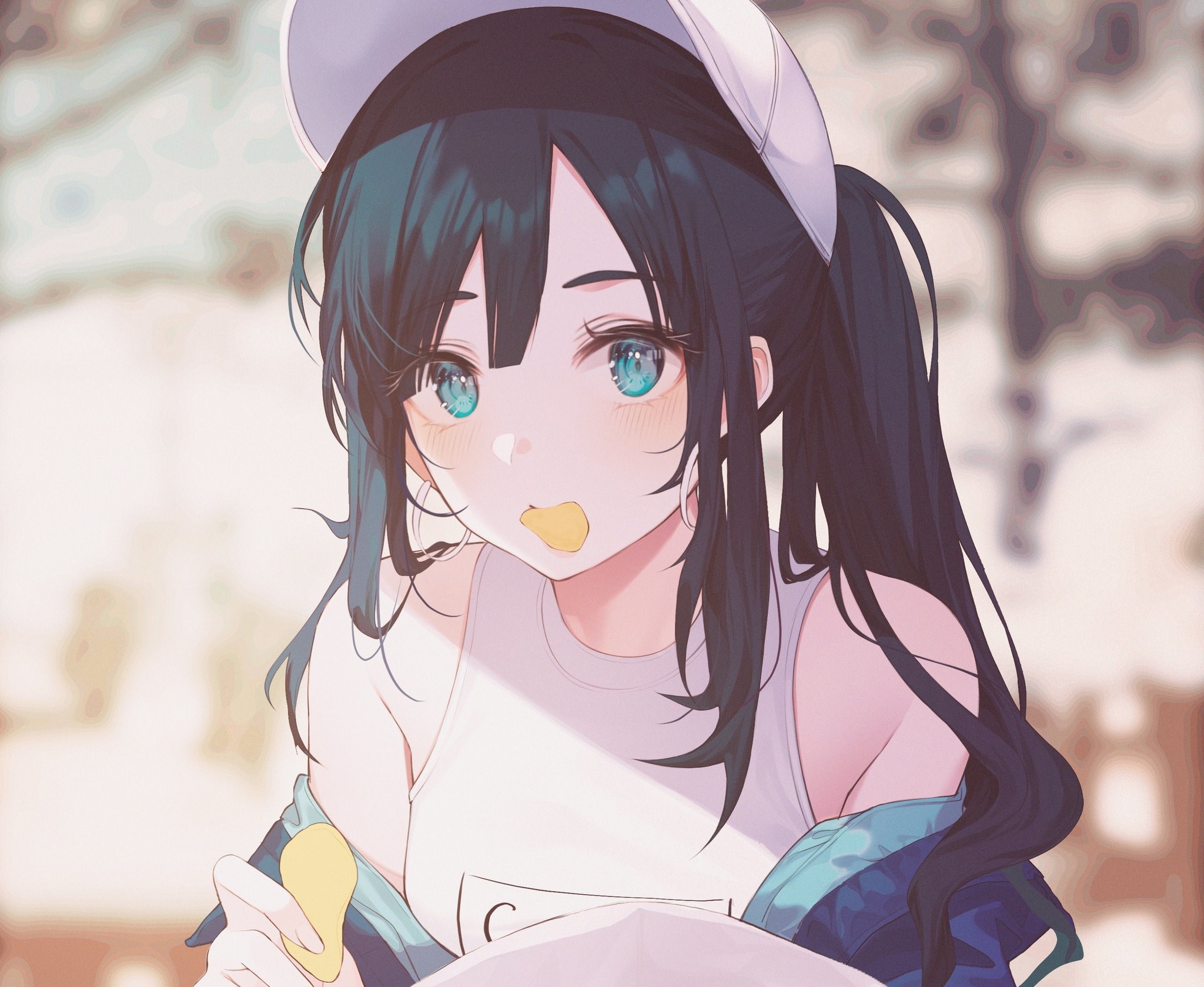 Anime girl with long dark hair eating chips HD Wallpaper