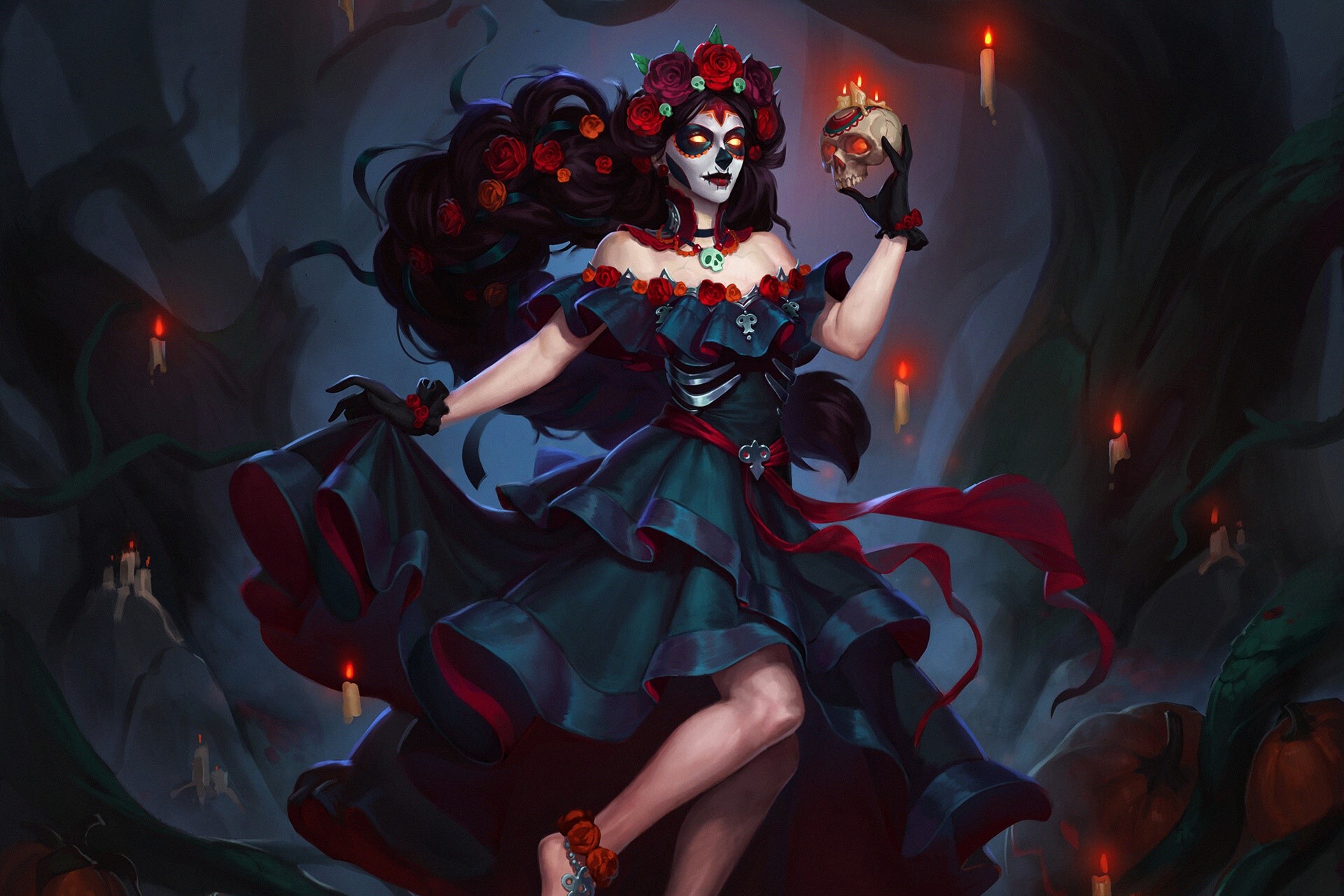 Polina Kirillova Fantasy Girl with Sugar Skull HD Wallpaper
