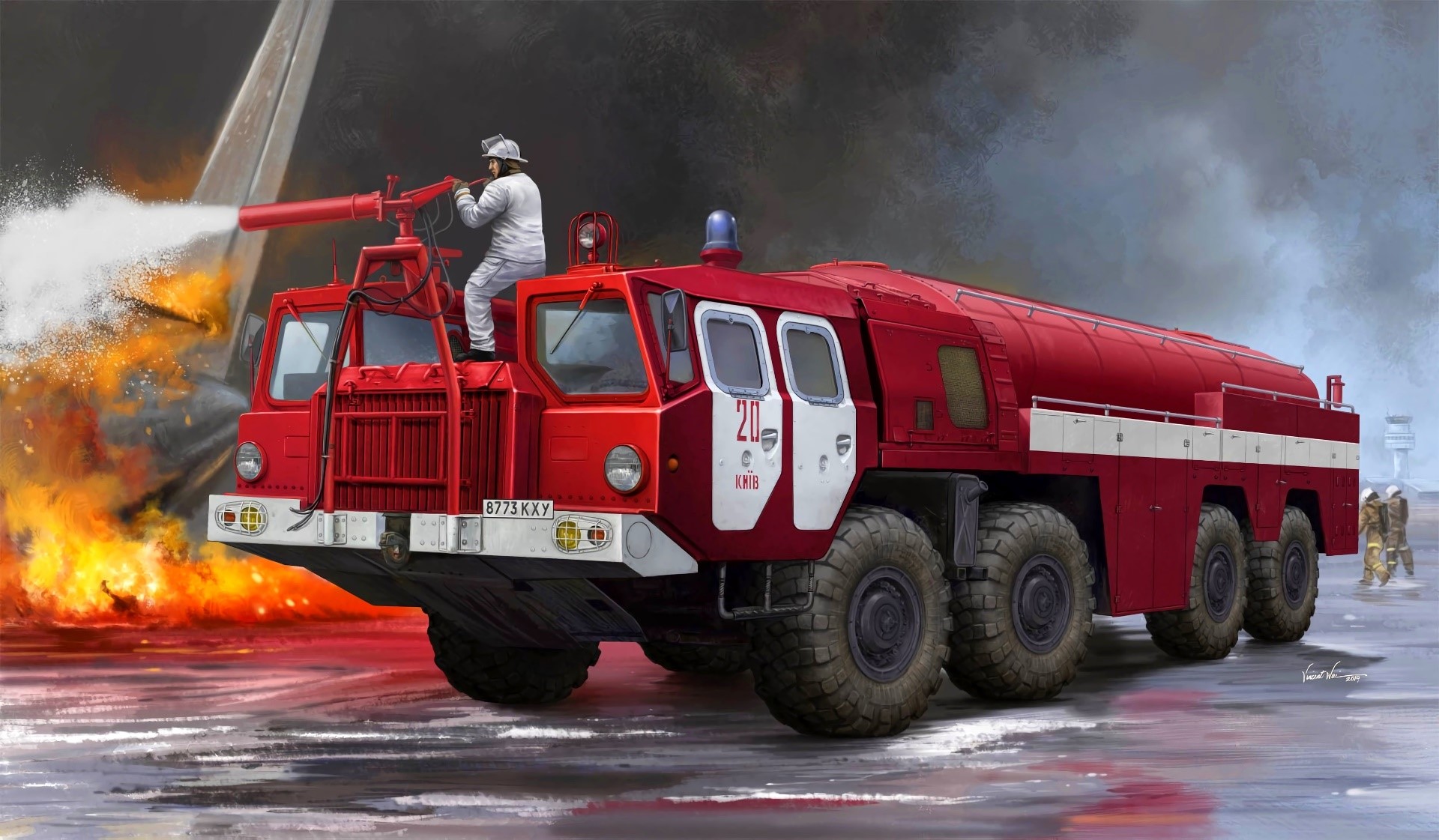 Firefighting truck spraying water on a fire HD Wallpaper