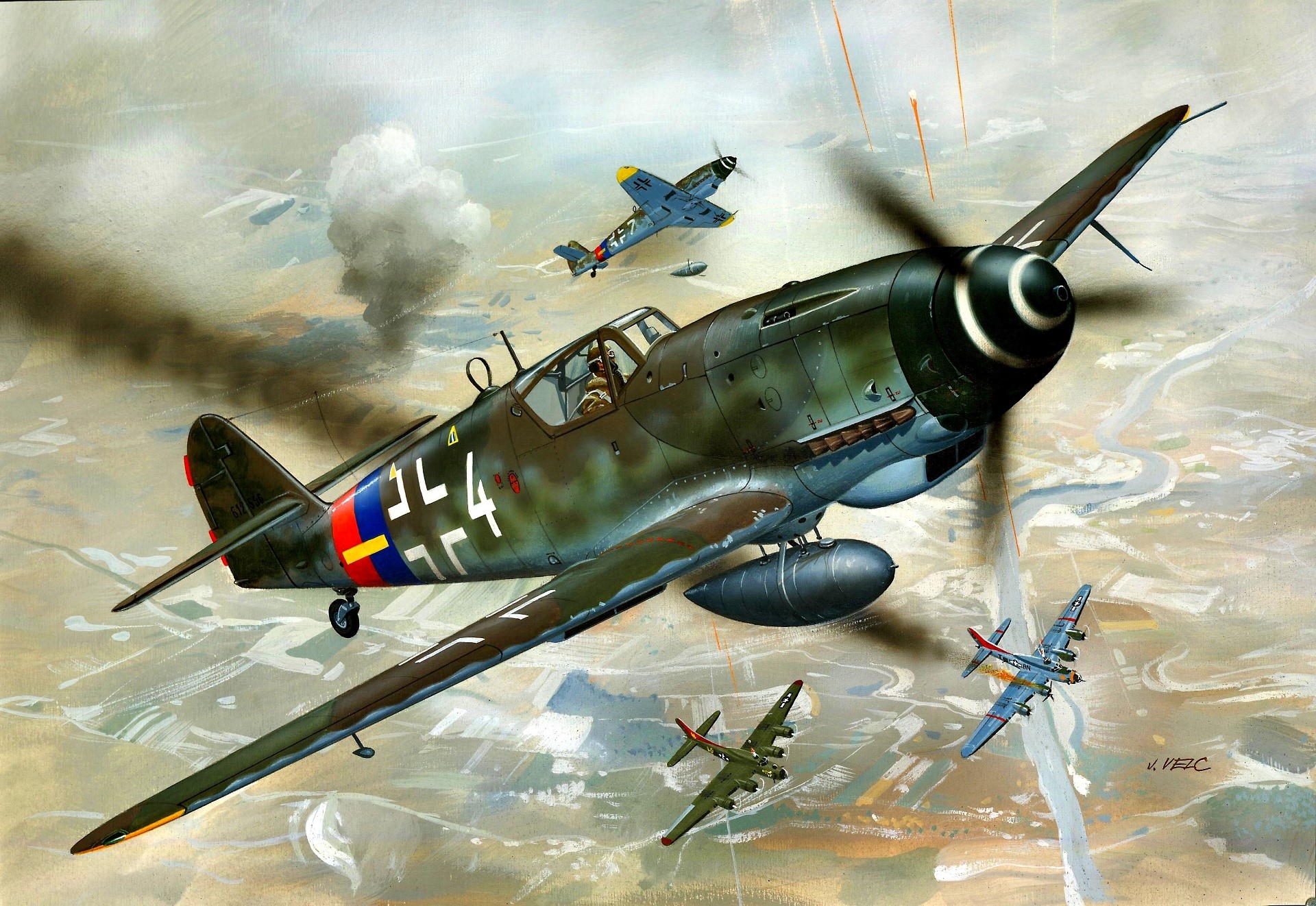Messerschmitt Bf 109 engaging bombers in World War II HD Wallpaper