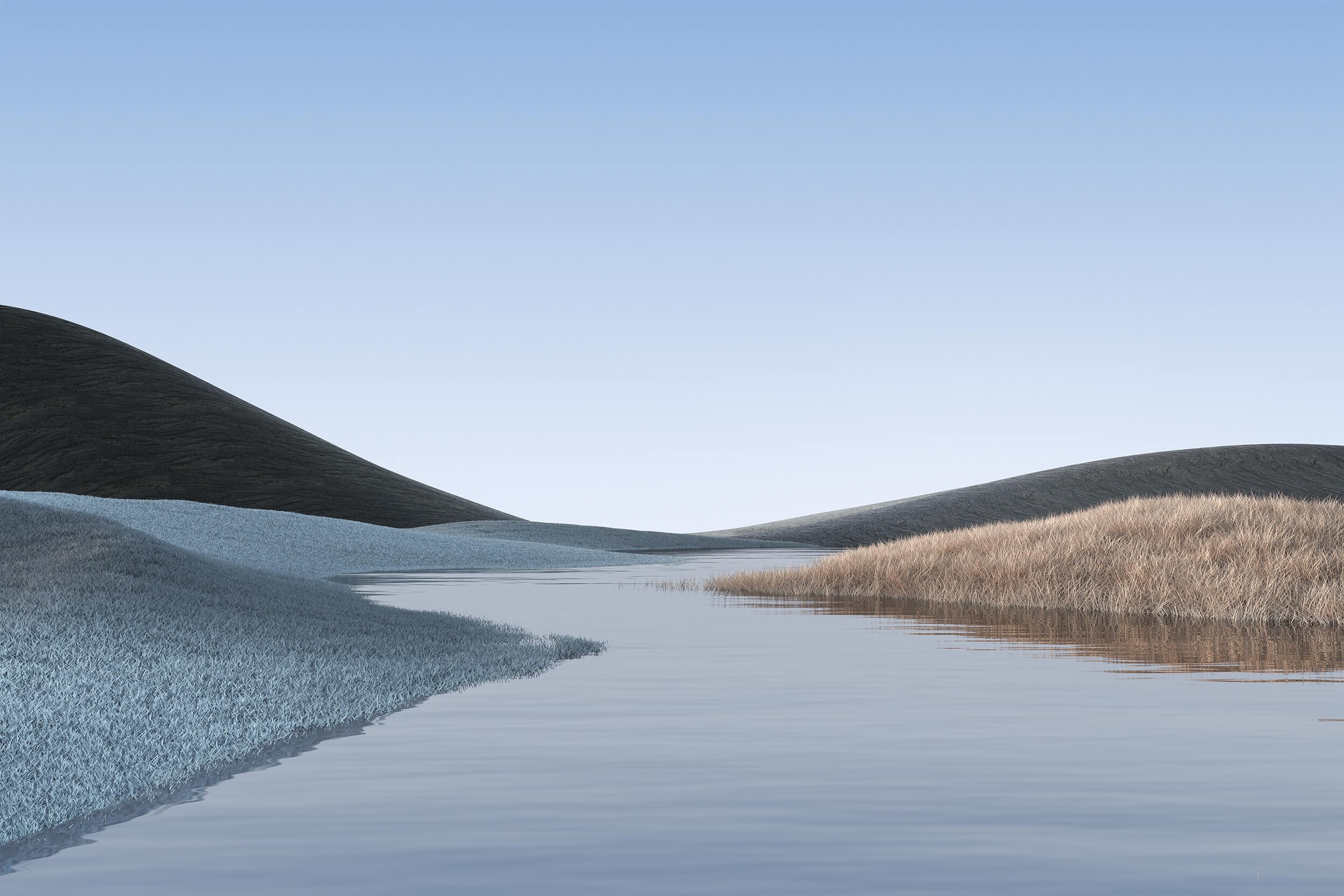 Abstract landscape with rolling hills and a river HD Wallpaper