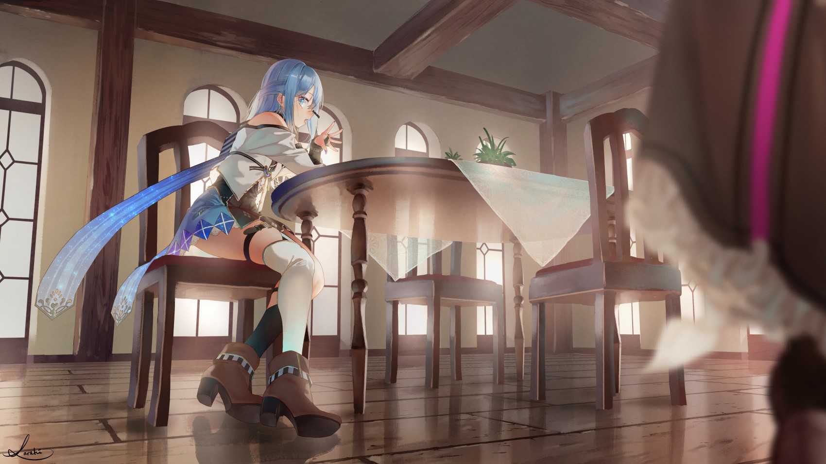 Anime girl with blue hair sitting at a table HD Wallpaper