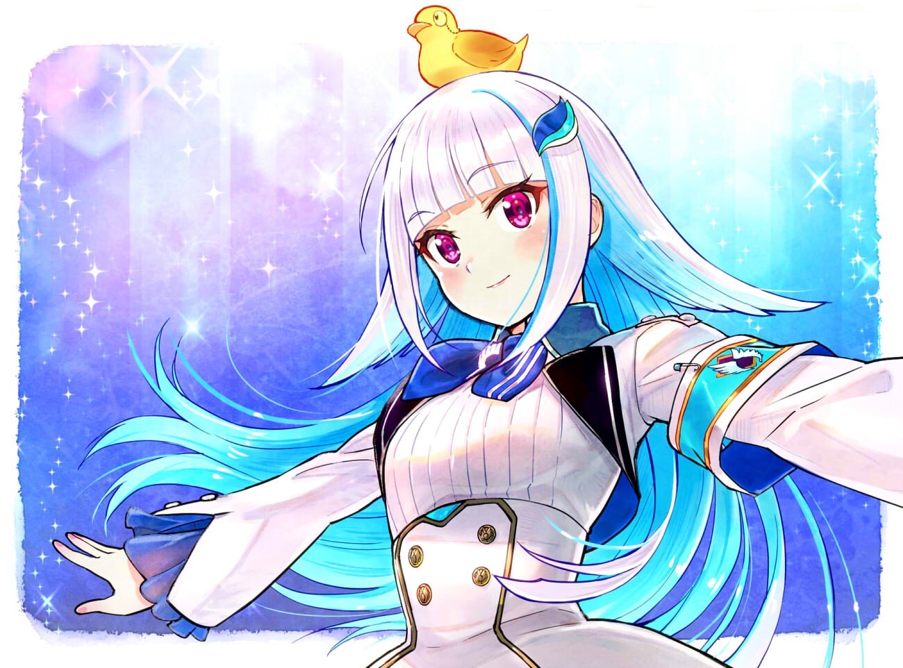 Anime girl with white and blue hair and a duck HD Wallpaper