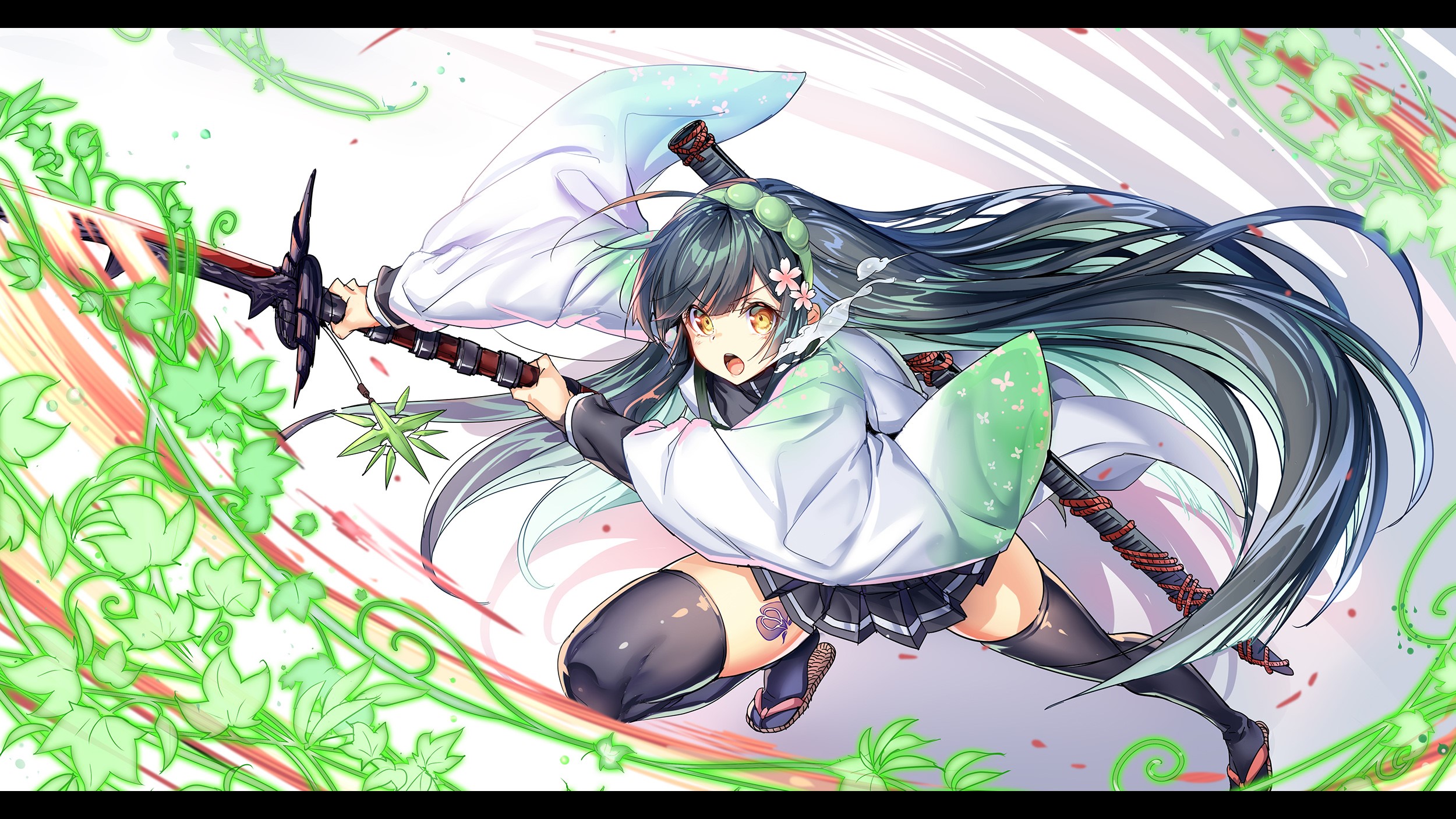 Anime girl with sword and green vines HD Wallpaper