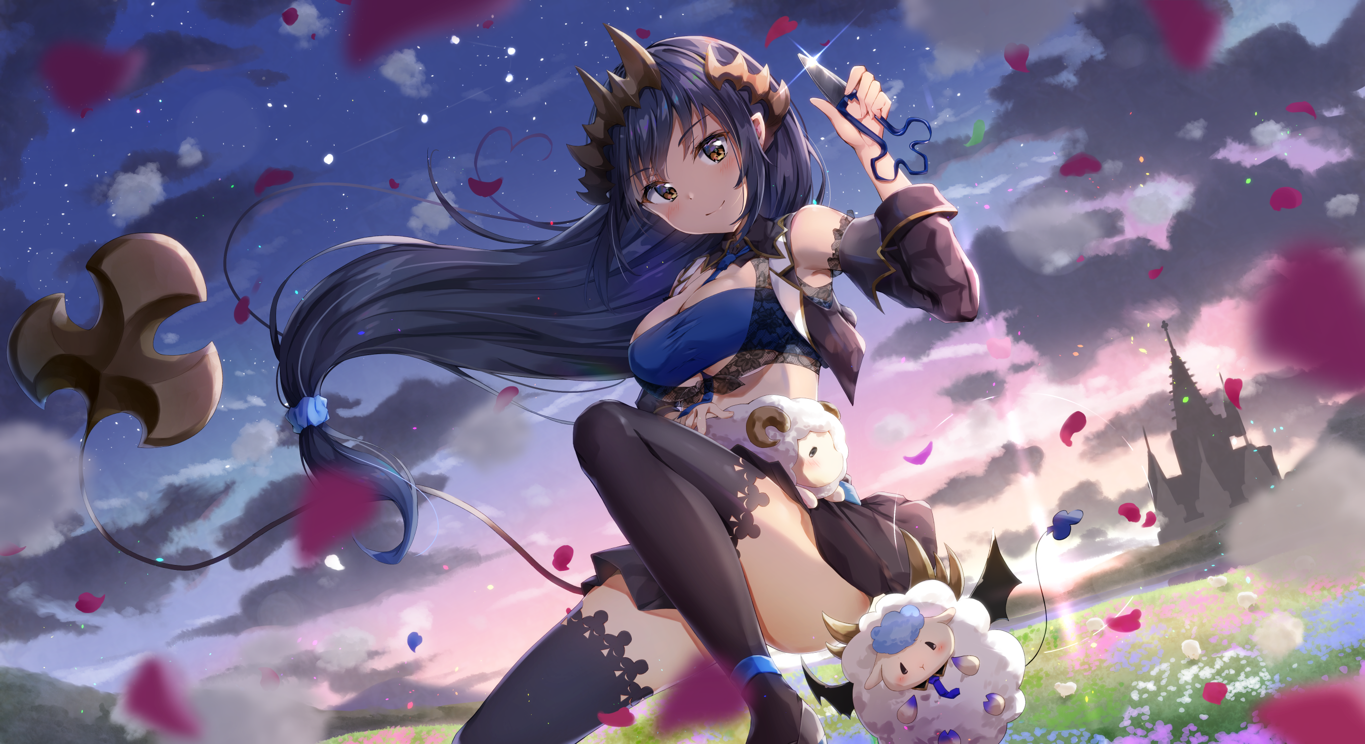 Anime girl with horns and sheep companion in a field HD Wallpaper