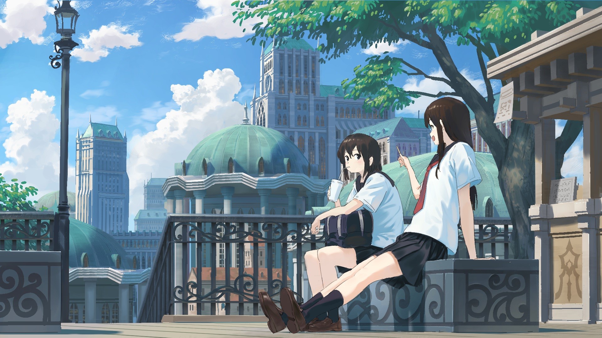Two anime girls in school uniforms sitting on a bench with buildings in the background HD Wallpaper