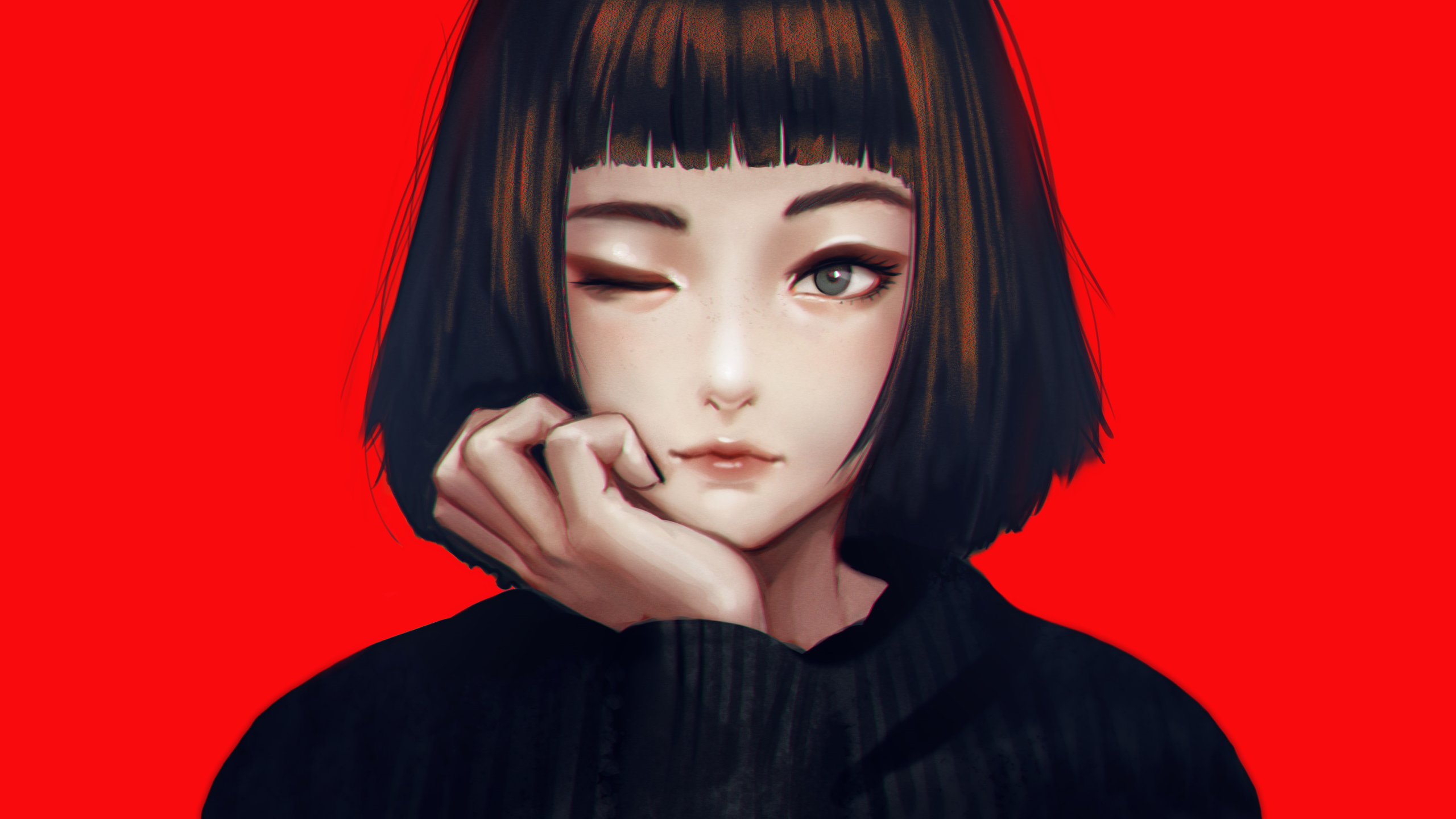 Woman with bangs winking, digital art portrait HD Wallpaper