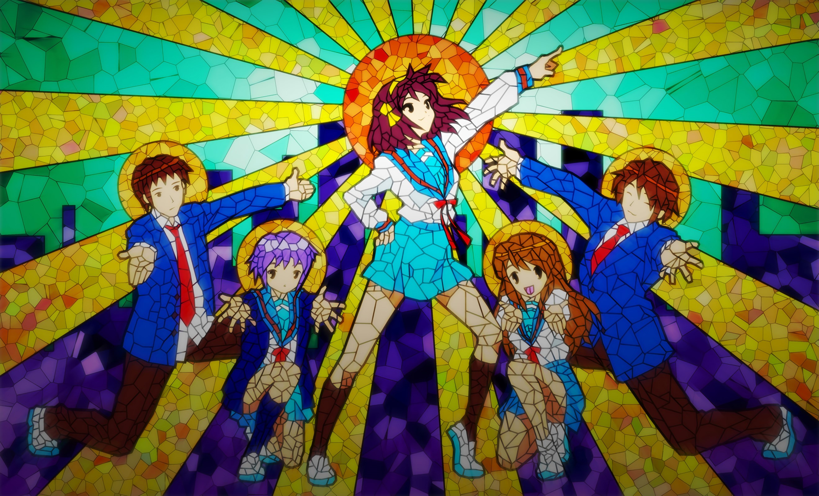 The Melancholy of Haruhi Suzumiya characters in stained glass HD Wallpaper