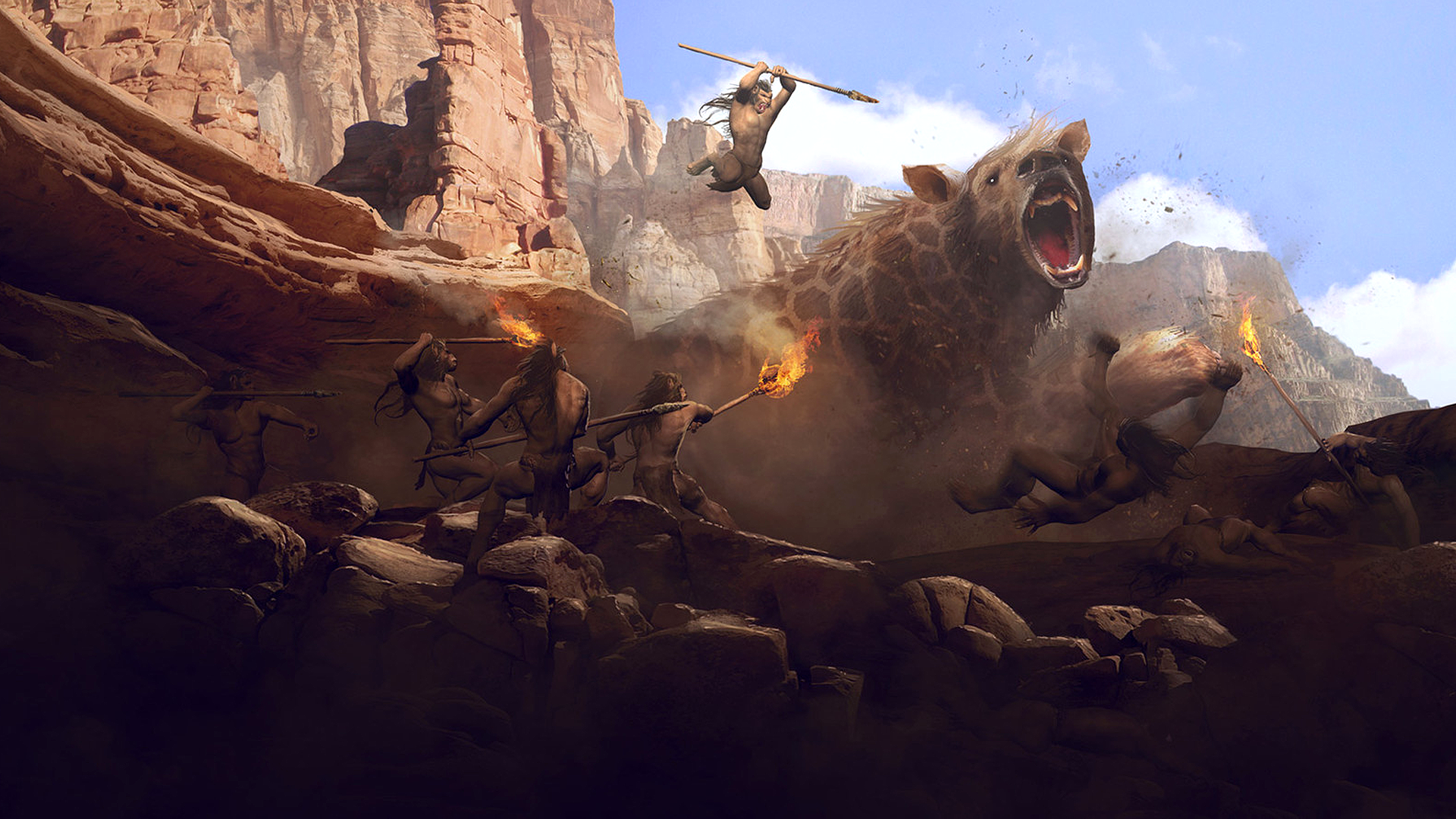 Prehistoric battle between hominids and giant hyenas in mountains HD Wallpaper