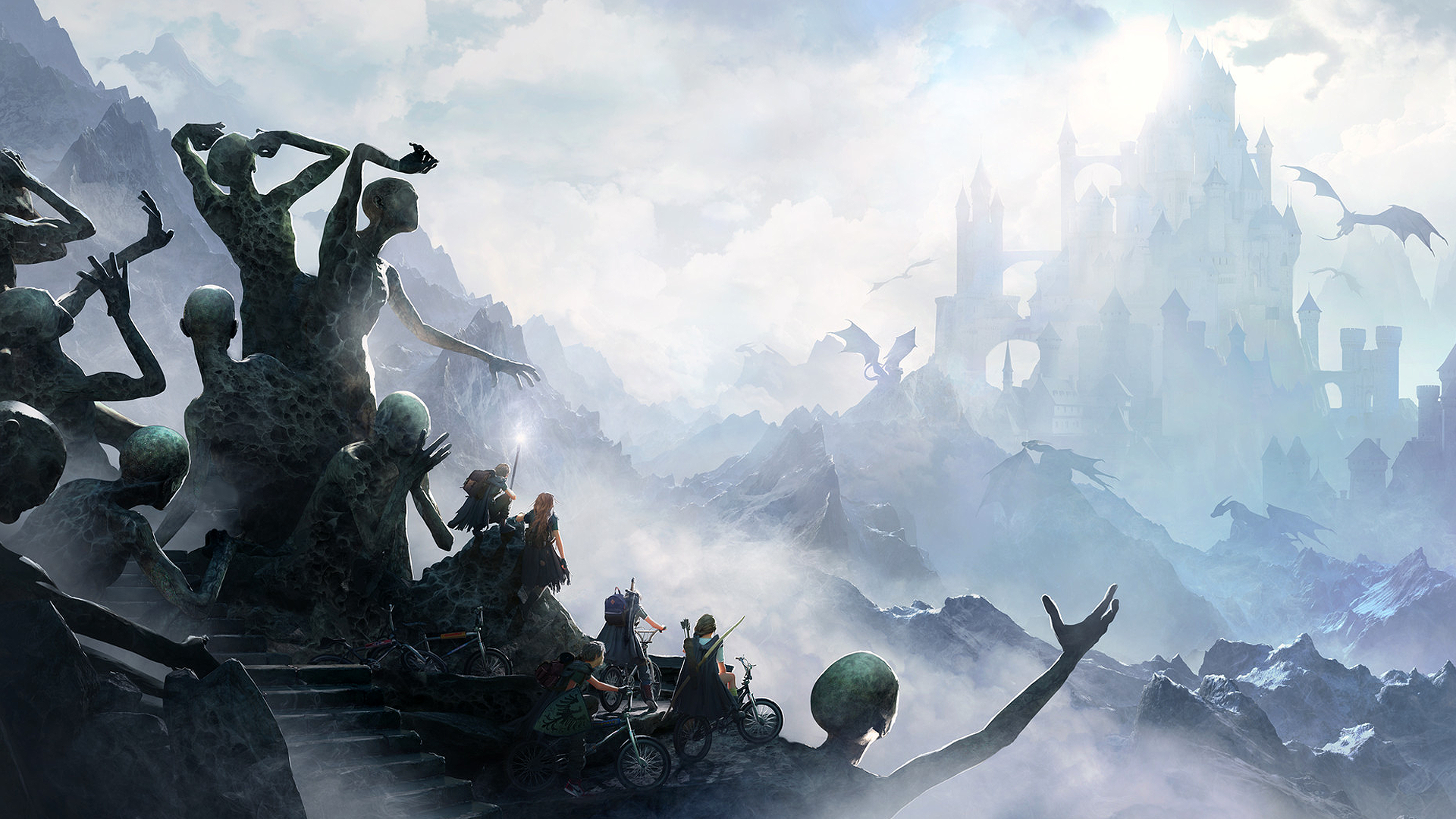 Fantasy landscape with giant statues, people on bikes, and dragons near a castle HD Wallpaper
