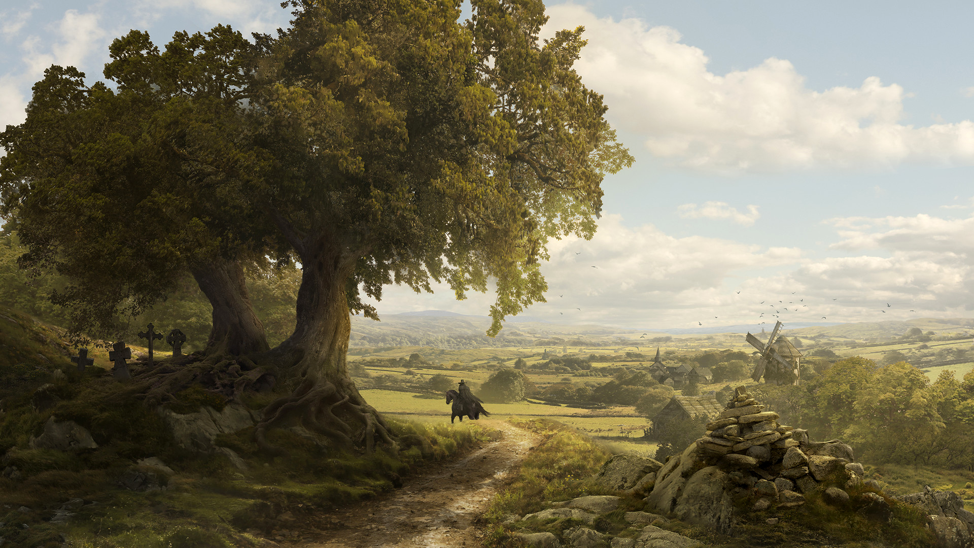 Digital art landscape with rider, windmill, and ancient trees HD Wallpaper
