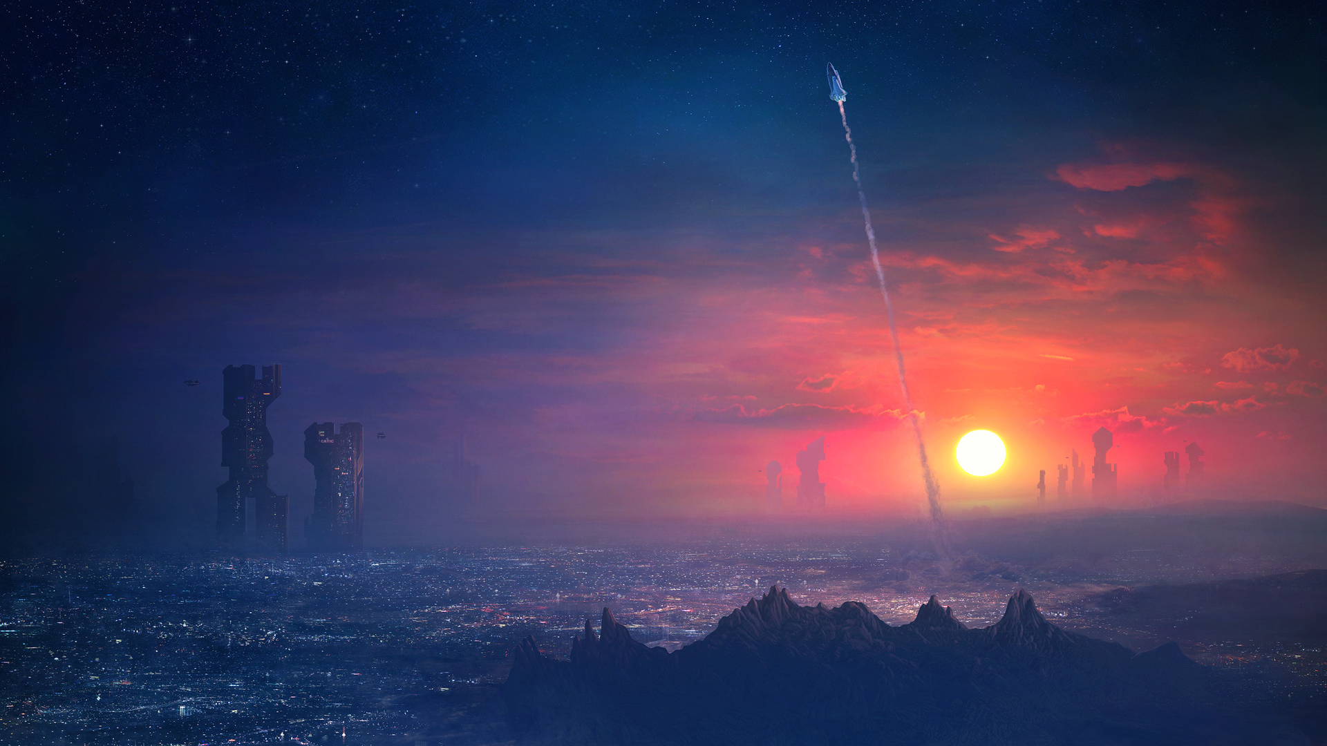 Futuristic city at sunset with rocket launch HD Wallpaper