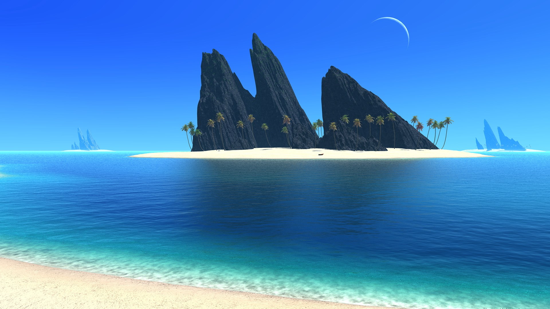 Tropical island with jagged rocks and palm trees HD Wallpaper