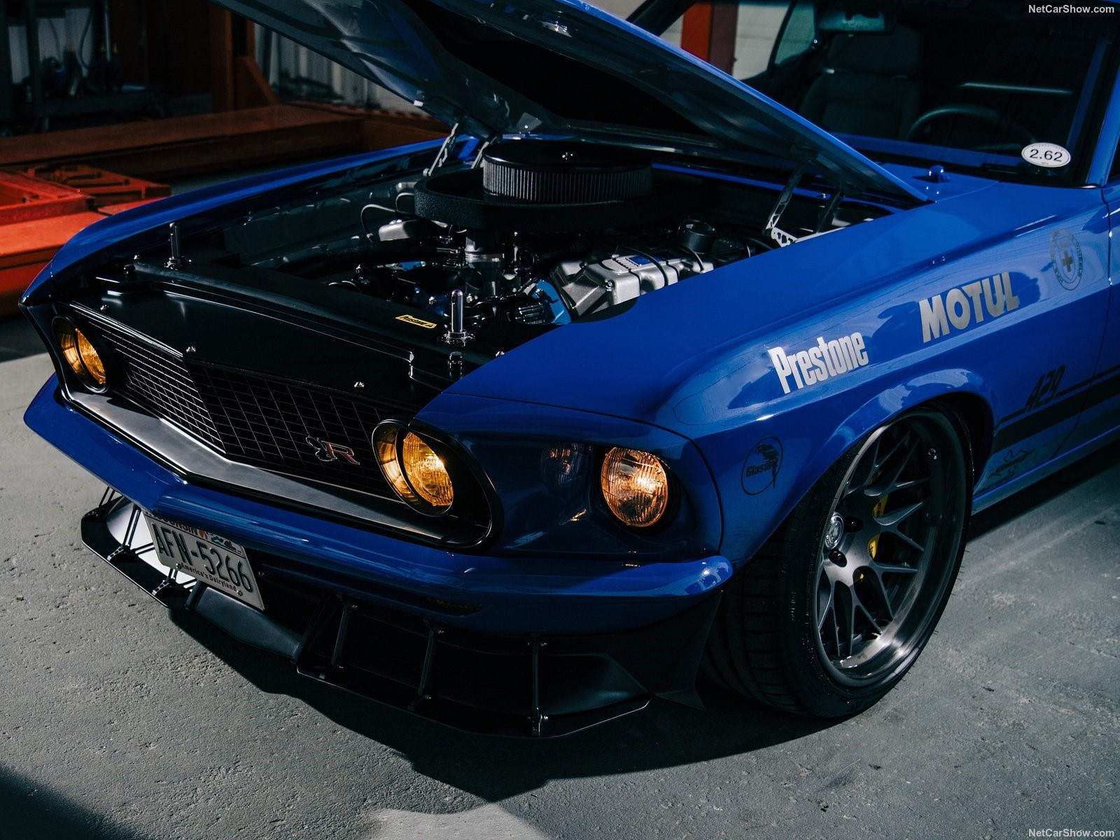Blue 1969 Ford Mustang Mach 1 with open hood HD Wallpaper