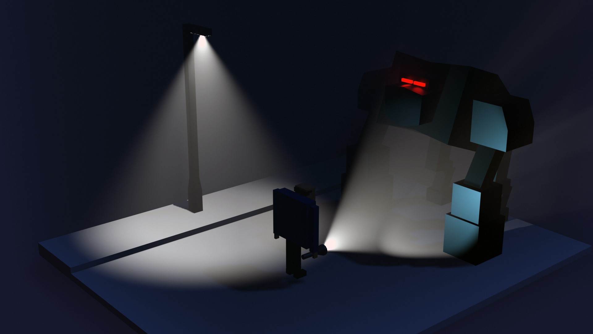 Low poly robot and person under street light at night HD Wallpaper