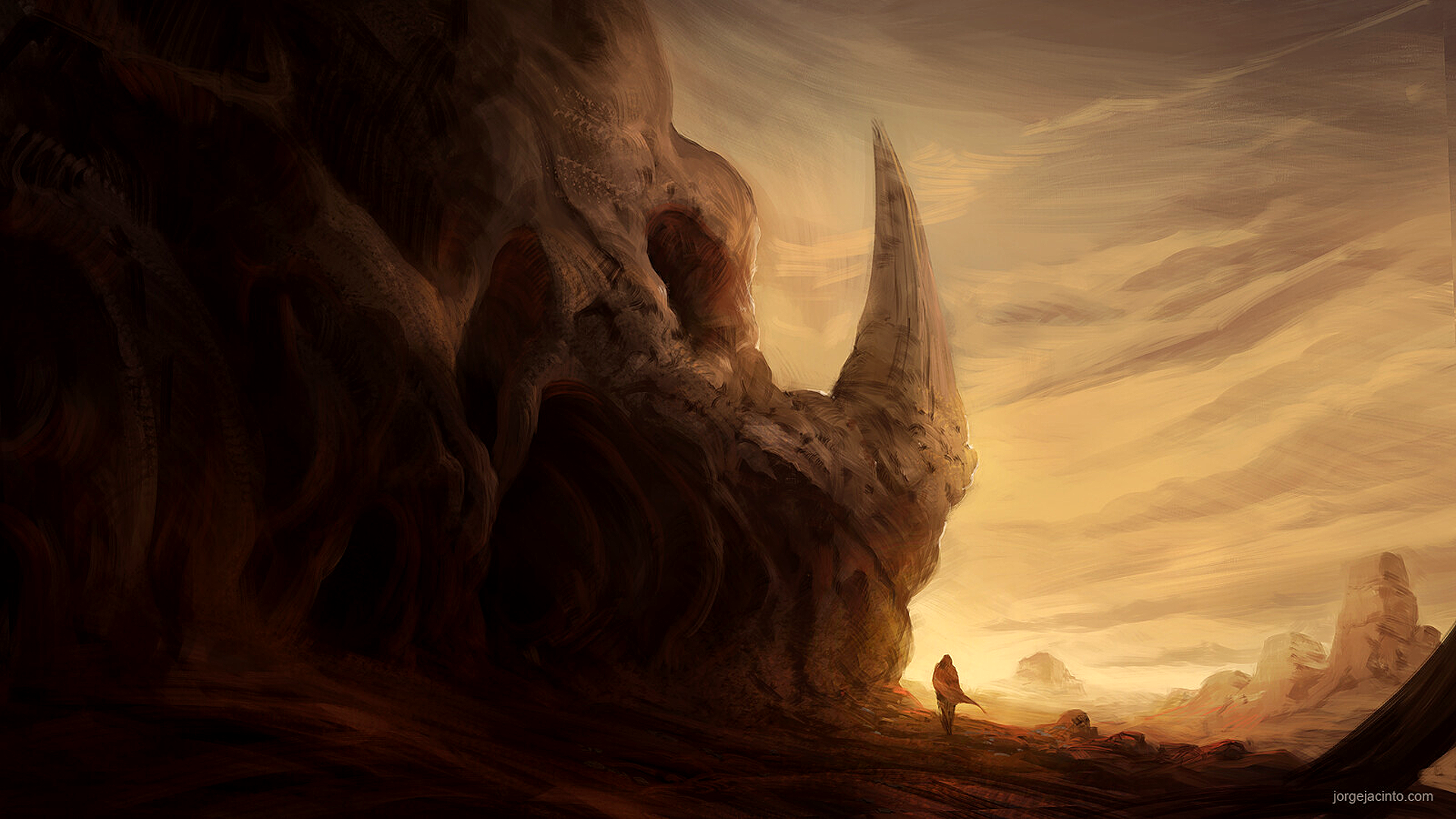 Fantasy art of a lone wanderer near a giant skull in a desert HD Wallpaper