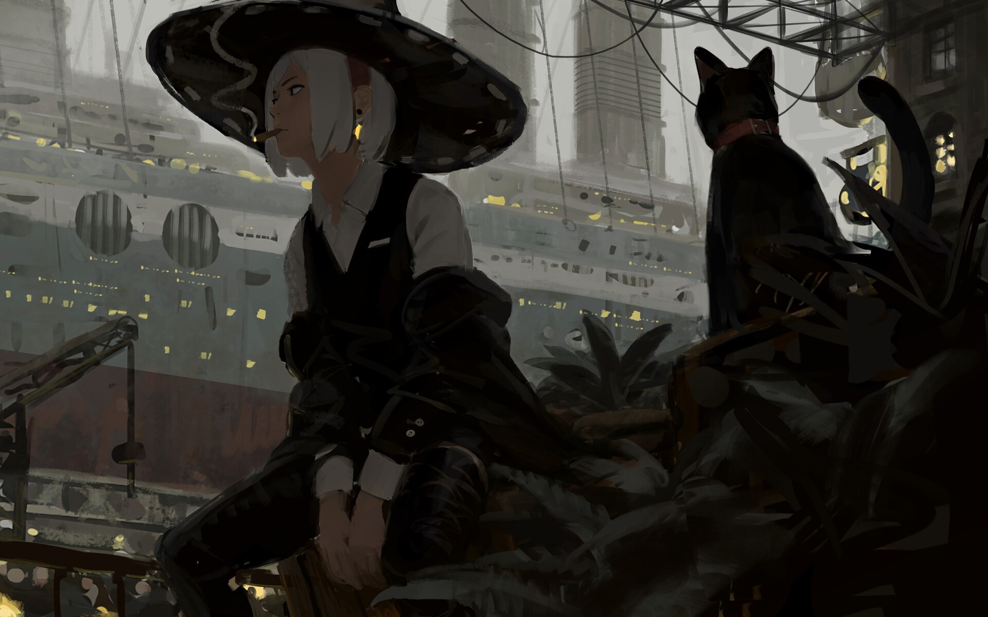 Woman in large hat smoking with black cat on cruise ship HD Wallpaper